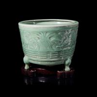 A Chinese Longquan Celadon Glazed Porcelain Incense Burner 龍泉青瓷花卉紋三足大香爐