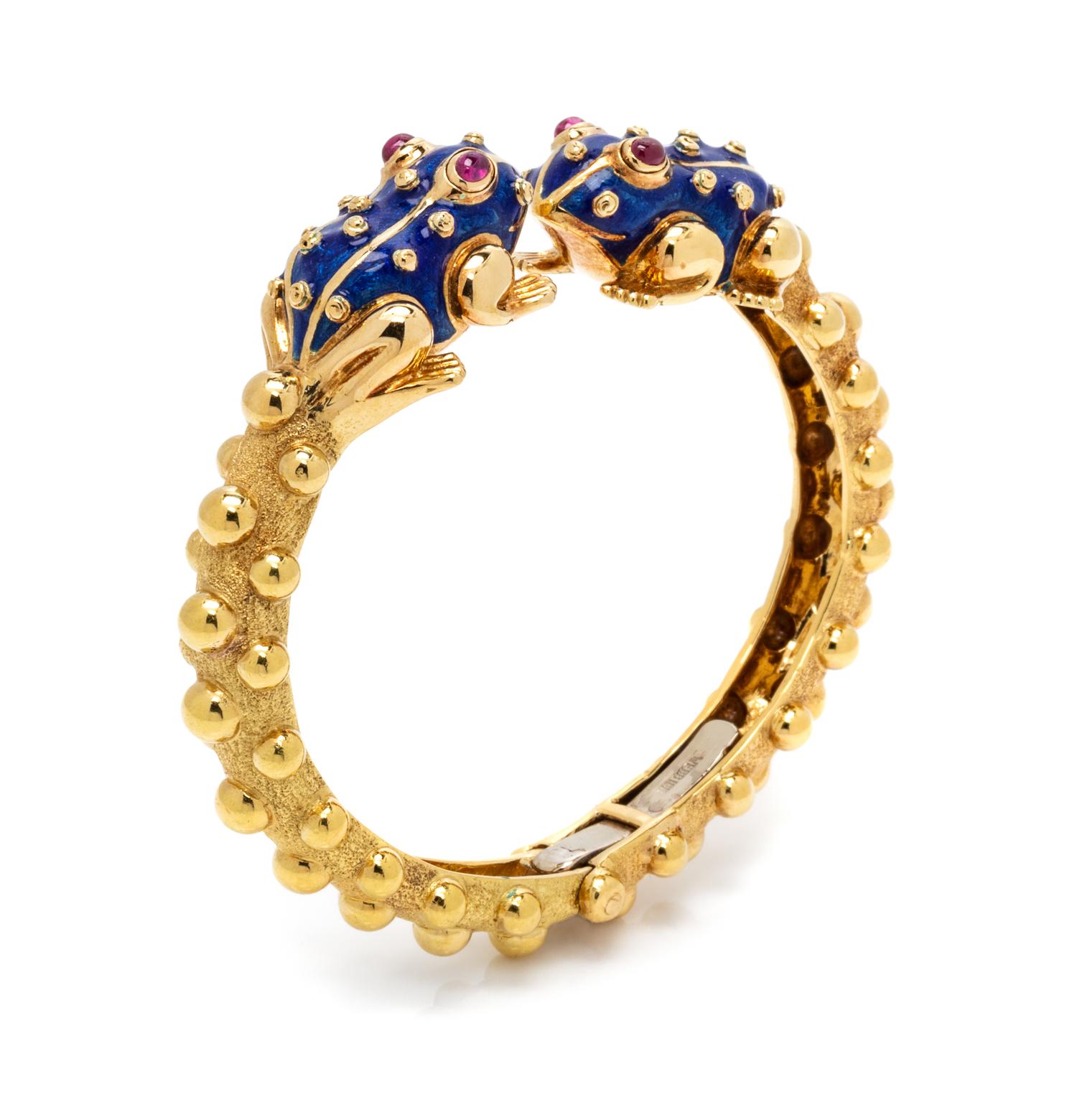 An 18 Karat Yellow Gold, Ruby and Enamel Frog Cuff Bracelet, David Webb, 30.45 dwts.