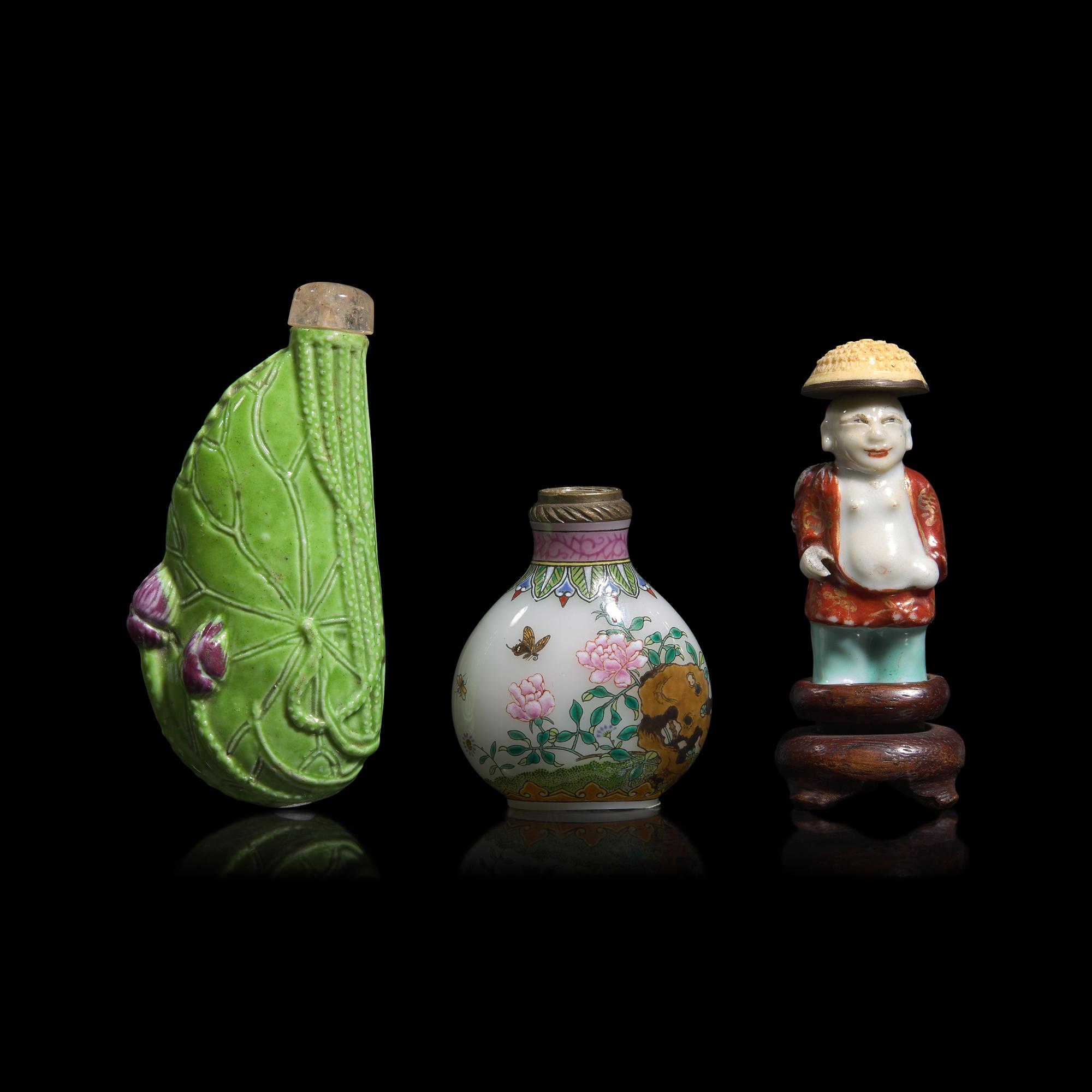 Two Chinese Molded Porcelain and One Enameled Glass Snuff Bottle
