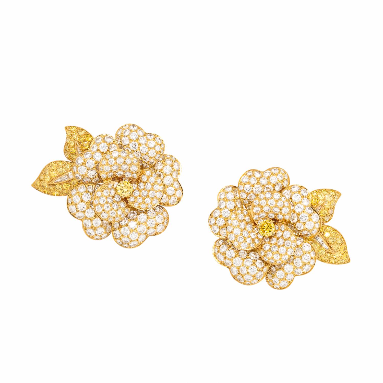 Van Cleef & Arpels, Diamond, Yellow Diamond, and Yellow Gold 'Gardenia' Earrings