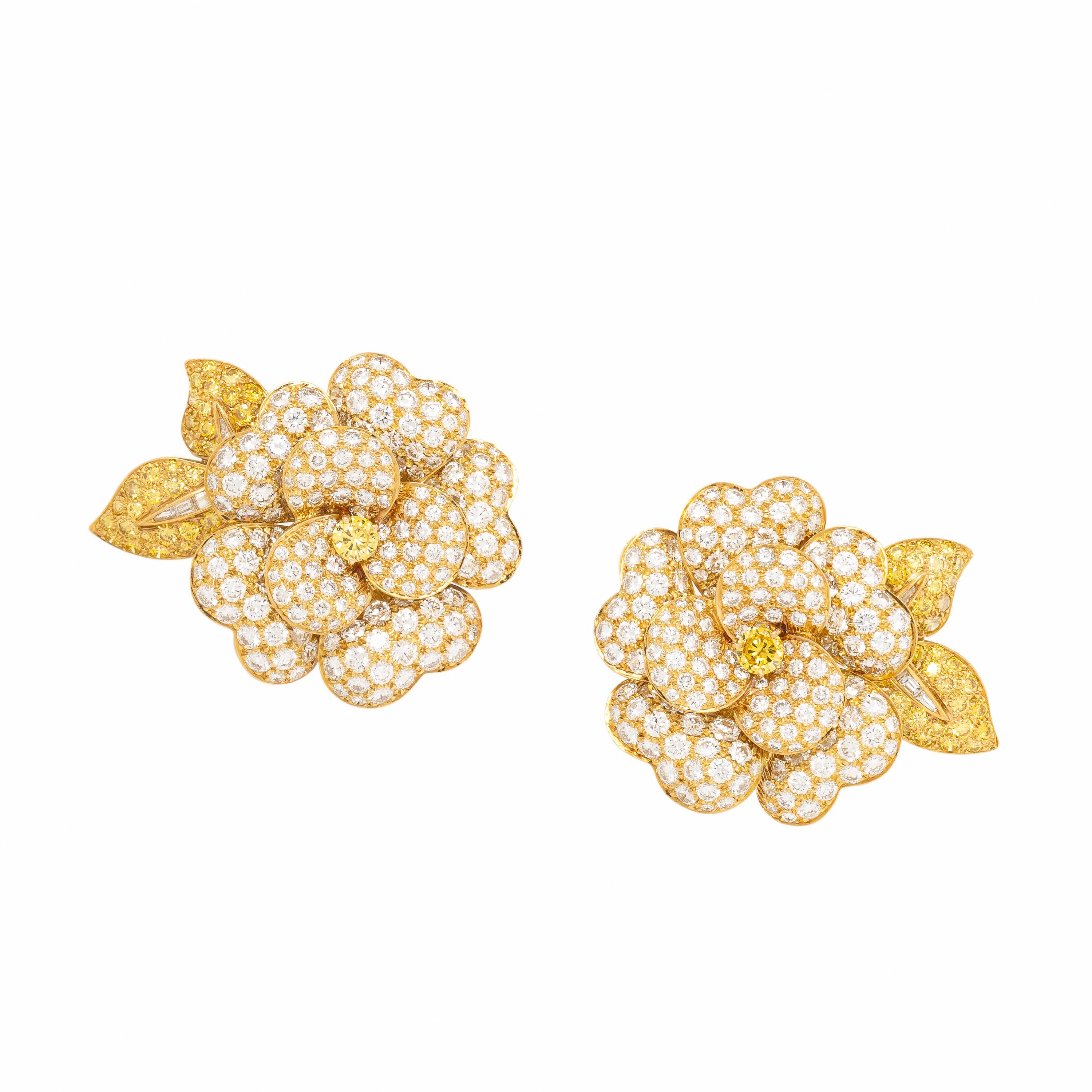 Van Cleef & Arpels, Diamond, Yellow Diamond, and Yellow Gold 'Gardenia' Earrings