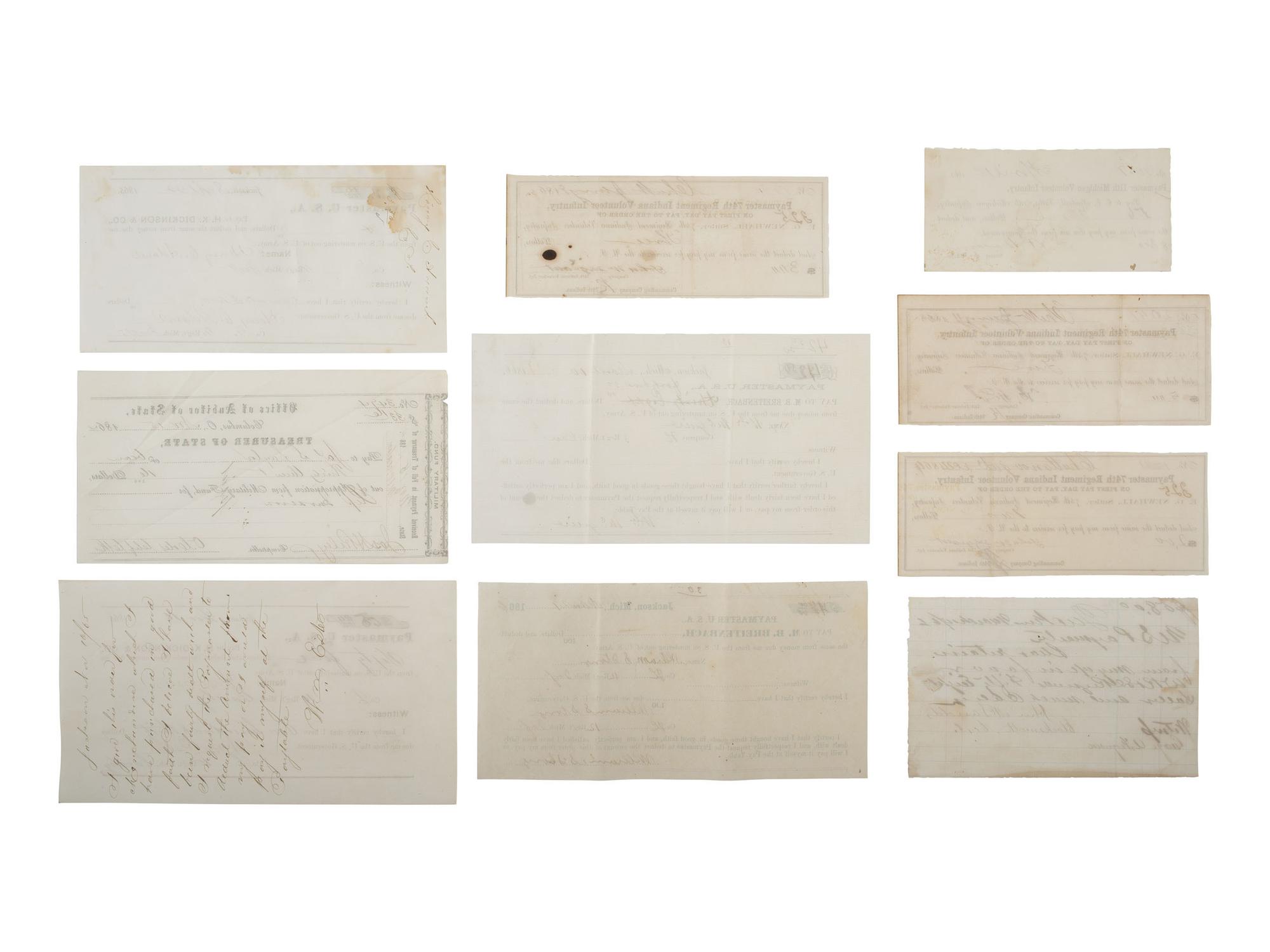 [CIVIL WAR]. Military sutler script from Michigan, Ohio, and Indiana regiments, plus.
