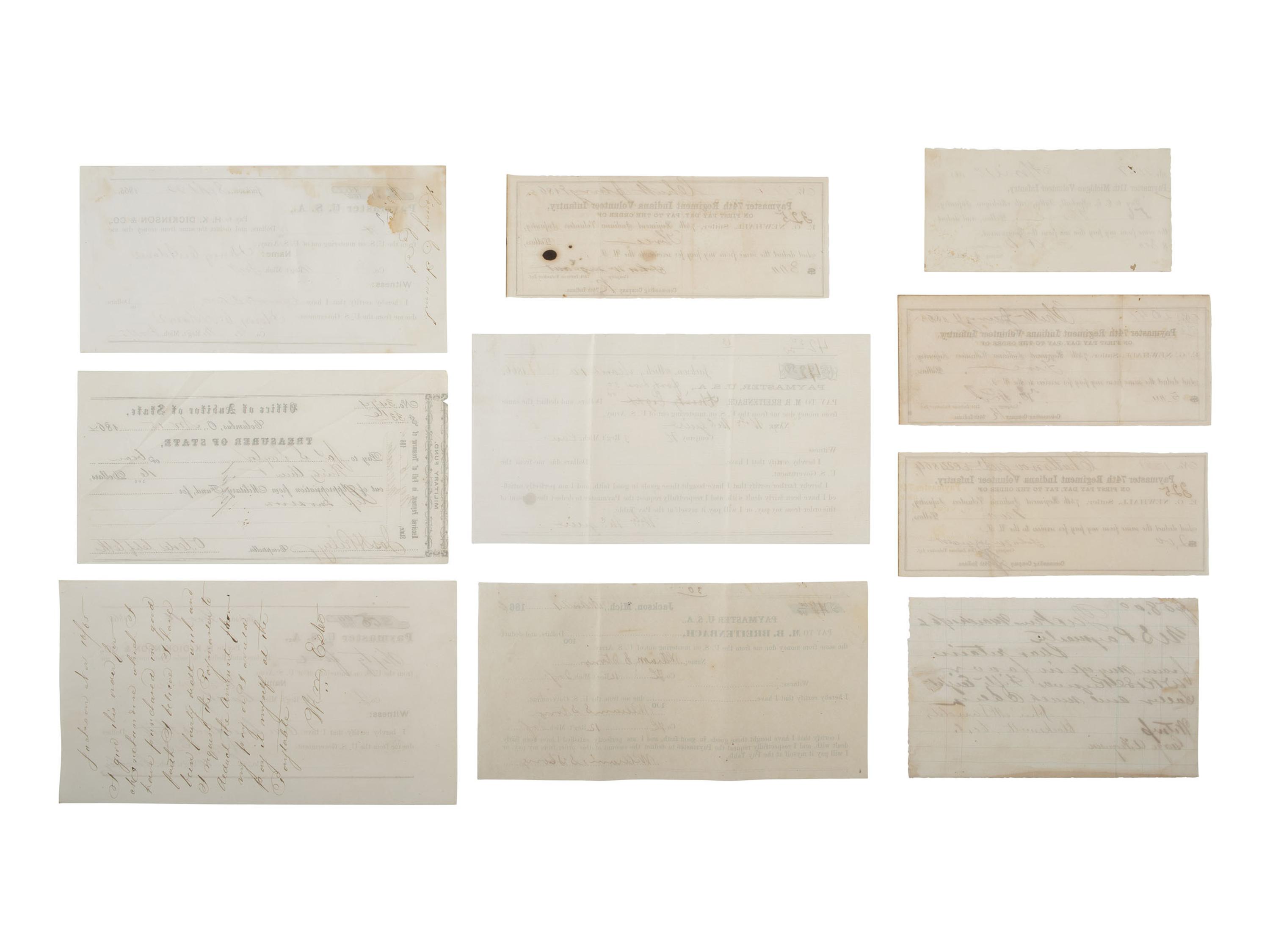 [CIVIL WAR]. Military sutler script from Michigan, Ohio, and Indiana regiments, plus.