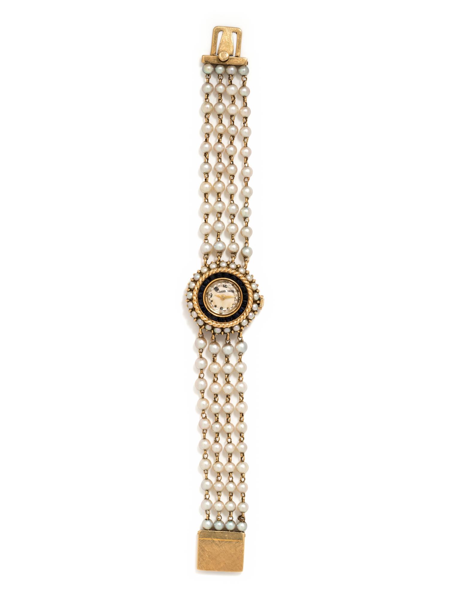LUCIEN PICCARD, 14K YELLOW GOLD AND CULTURED PEARL WRISTWATCH