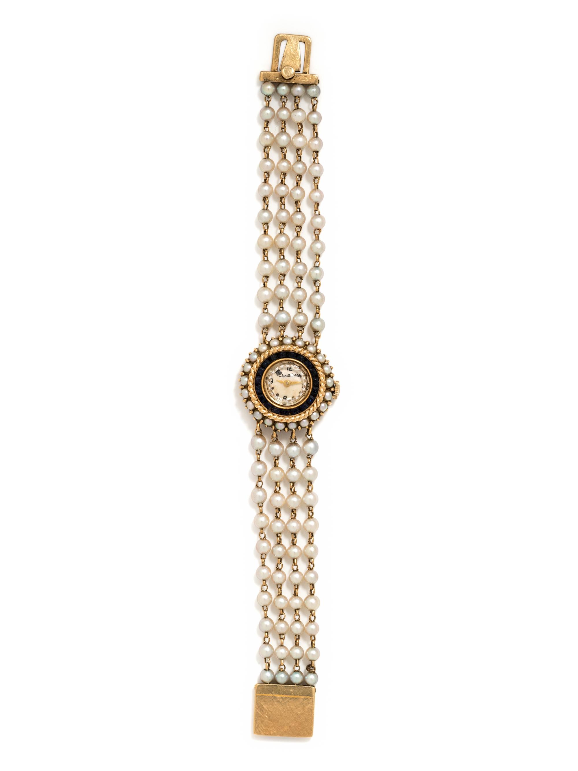 LUCIEN PICCARD, 14K YELLOW GOLD AND CULTURED PEARL WRISTWATCH