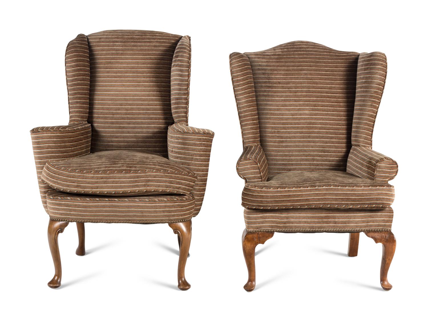 Two Queen Anne Style Wingback Armchairs