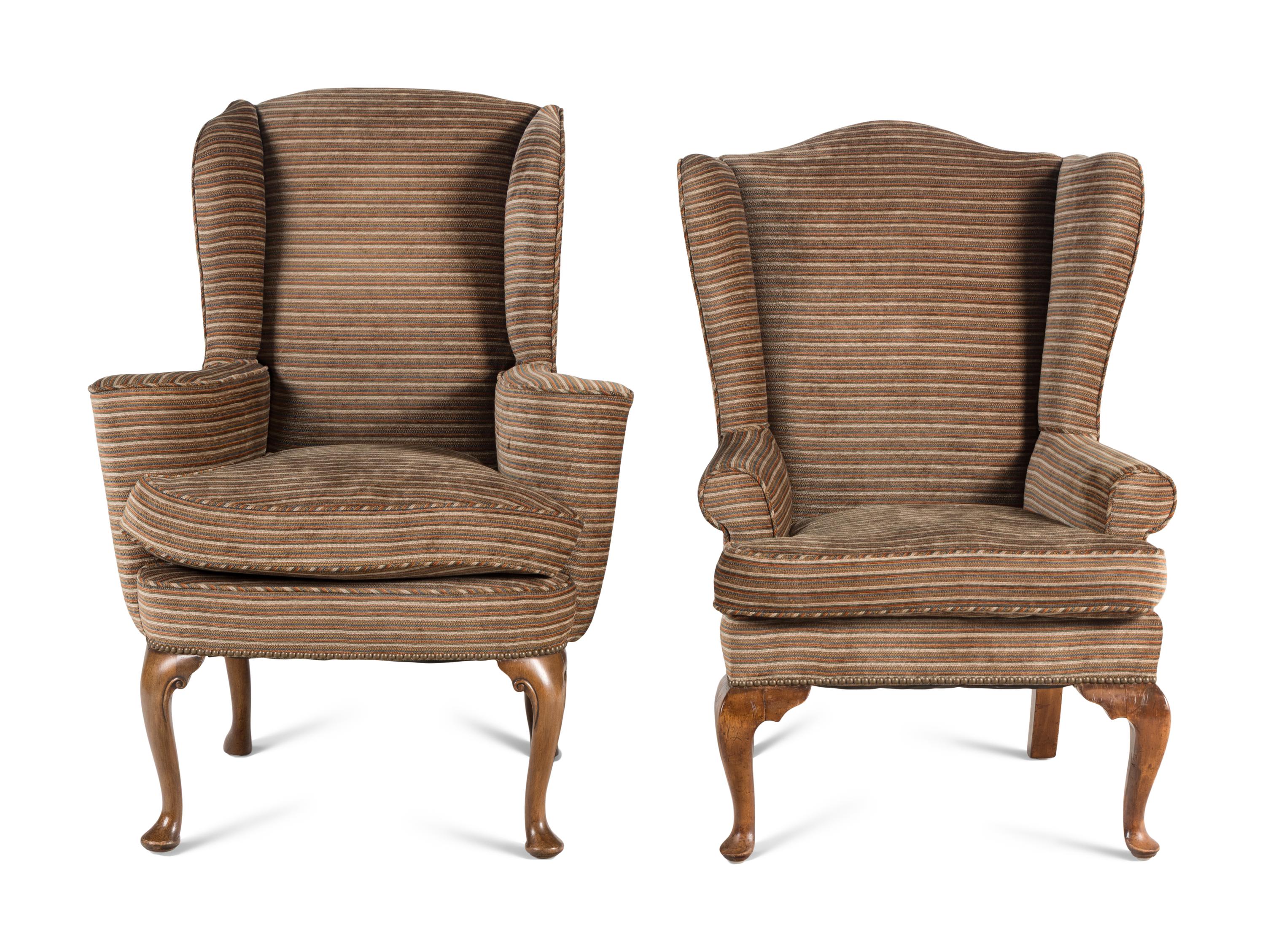 Two Queen Anne Style Wingback Armchairs