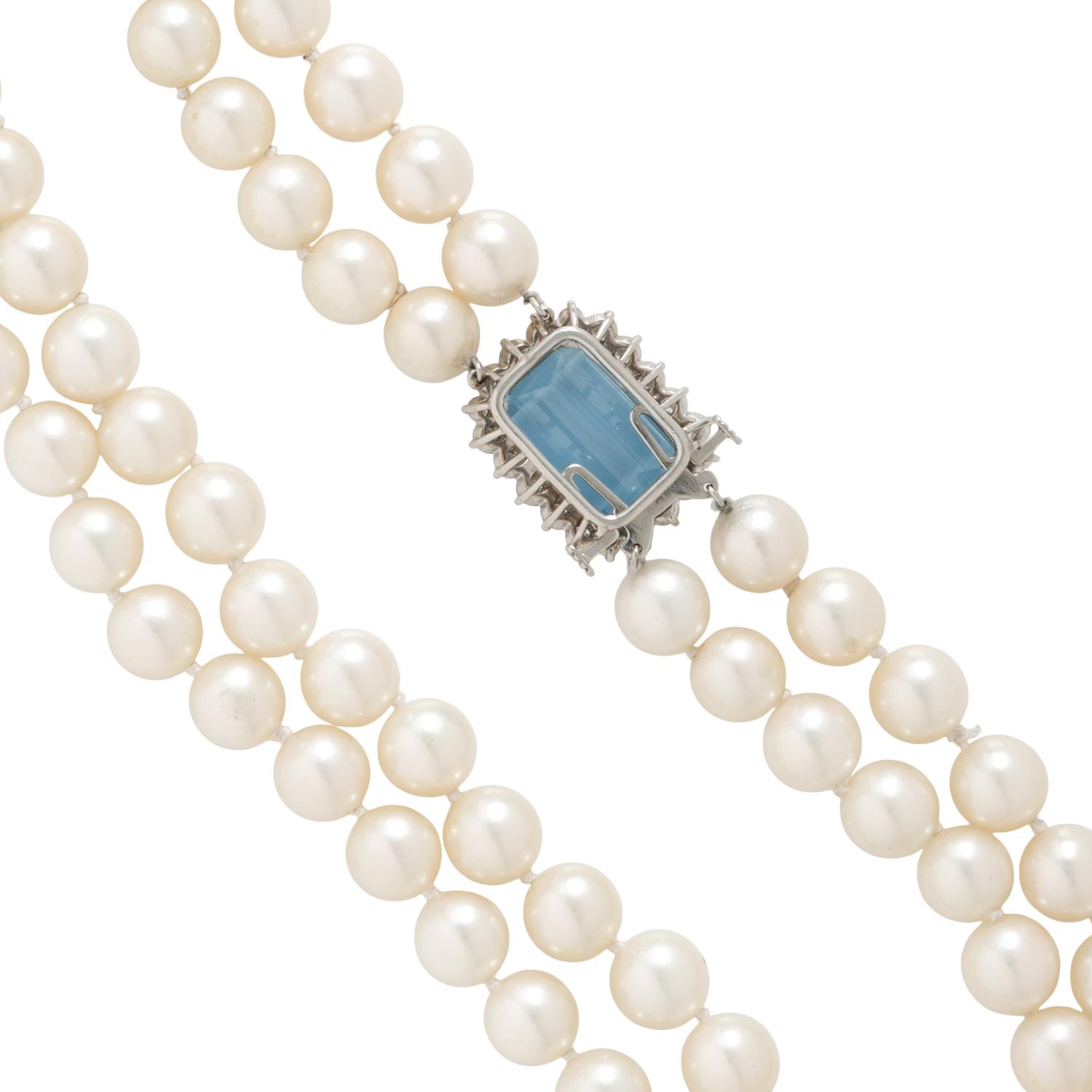DOUBLE STRAND CULTURED PEARL, AQUAMARINE, AND DIAMOND NECKLACE