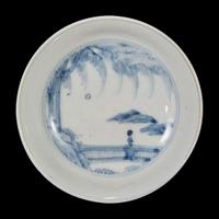 Seven assorted glass, porcelain snuff bottles; a vase; and a small blue and white porcelain tazza