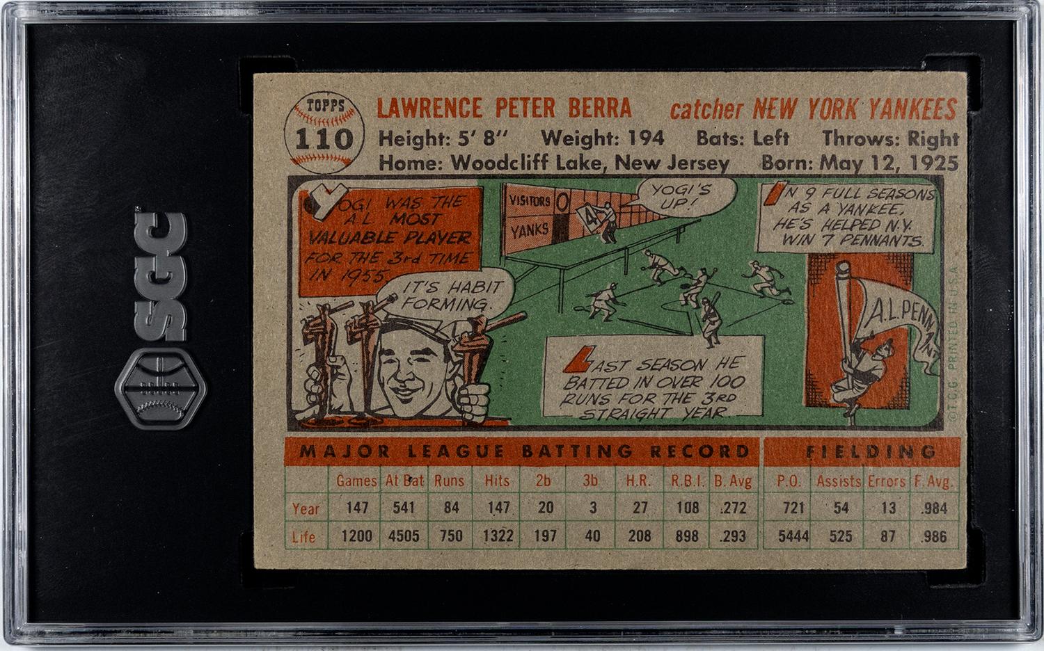 A 1956 Topps Yogi Berra Gray Back Baseball Card No. 110 (SGC 5 EX)