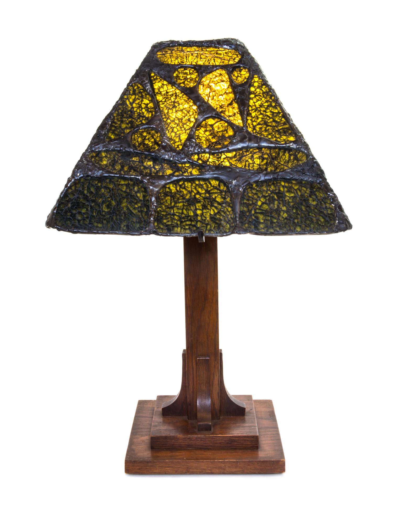 A Leaded Peridot-in-Matrix Table Lamp Height overall 21 1/4 x width of shade 13 1/2 inches. — JULIE RAUSCHENBERGER, LATE 20TH CENTURY