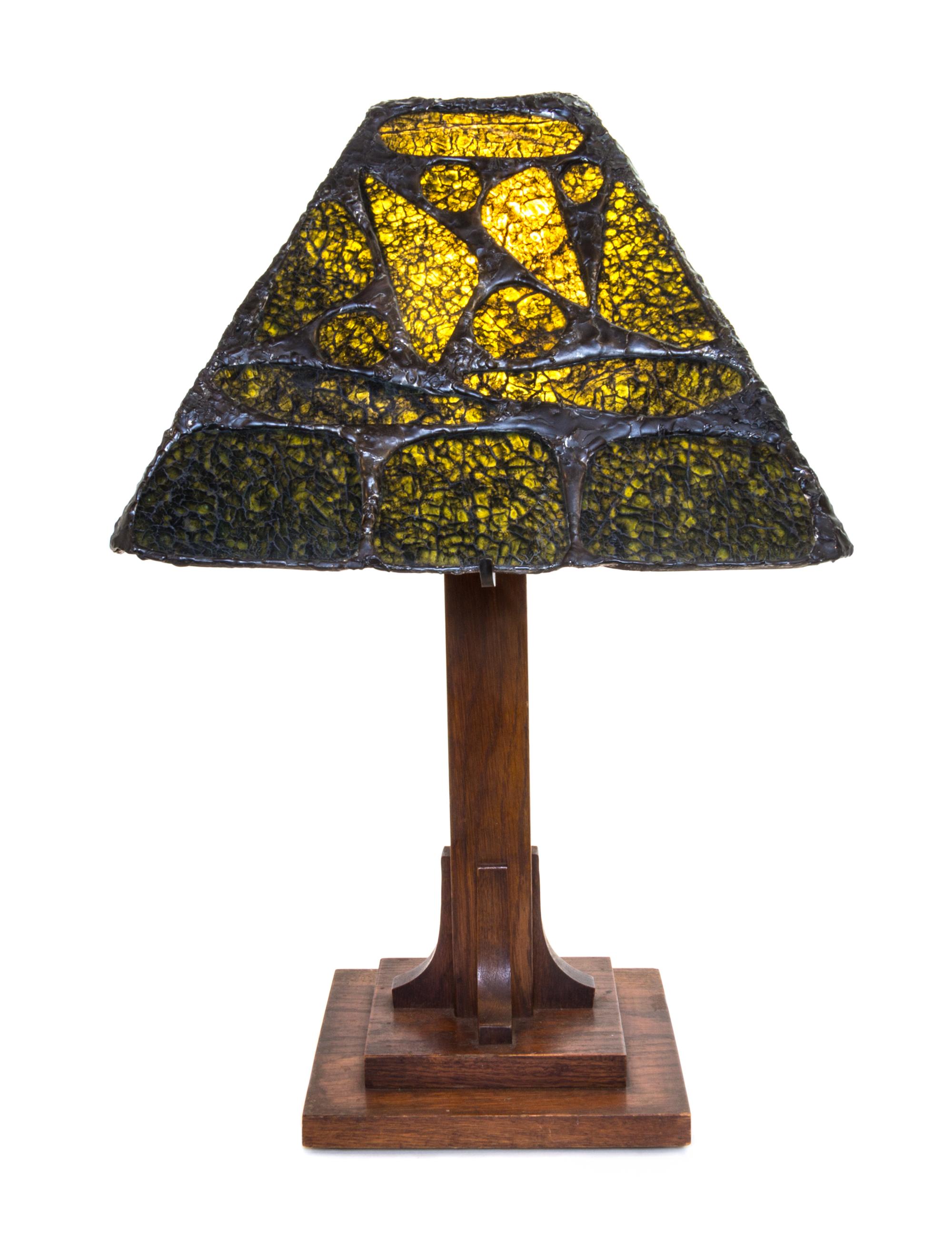 A Leaded Peridot-in-Matrix Table Lamp Height overall 21 1/4 x width of shade 13 1/2 inches. — JULIE RAUSCHENBERGER, LATE 20TH CENTURY