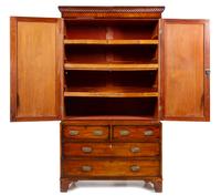 A George III Mahogany Linen Press Height 86 1/2 x width 47 3/4 x depth 20 3/8 inches. — EARLY 19TH CENTURY, THE CORNICE LATER