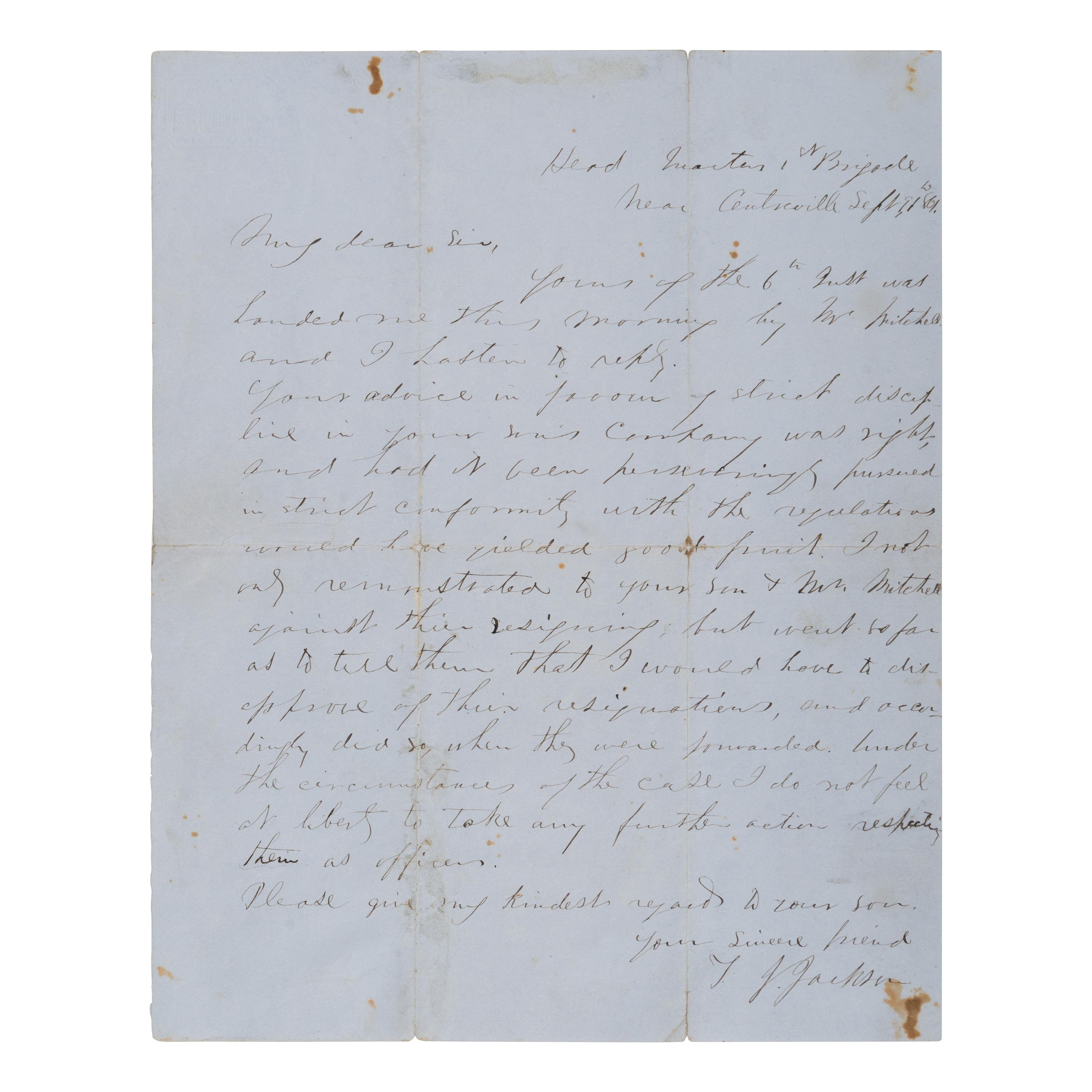 Jackson, Thomas Jonathan ("Stonewall") (1824-1863). Autograph letter signed ("T.J. Jackson"), Brigade near Centerville, Virginia, 9 September 1861.