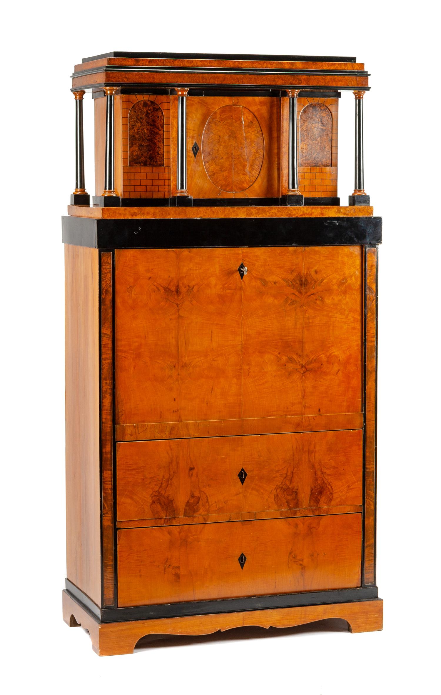 An Austrian Biedermeier Parcel Ebonized Fall-Front Secretary Height 69 1/2 x width 35 x depth 18 inches. — 19TH CENTURY