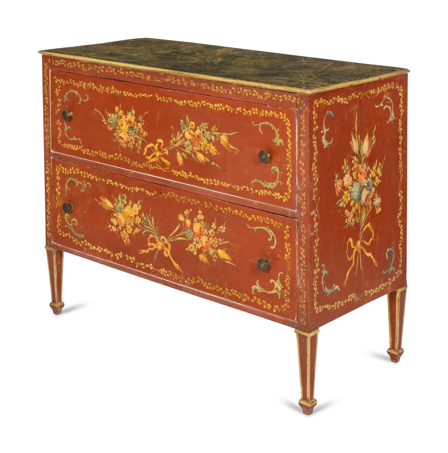A Louis XVI Style Painted Pine Faux Marble-Top Commode