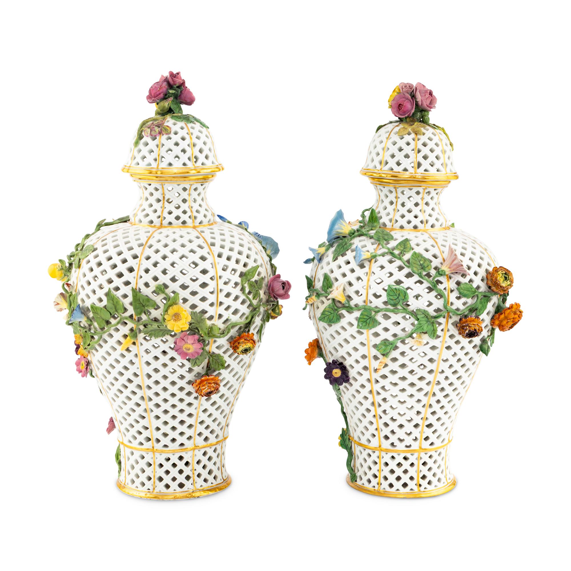 A Pair of Meissen Porcelain Reticulated Urns
