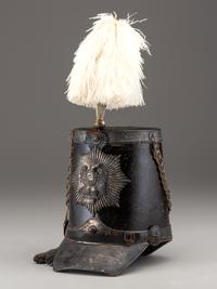 [MILITIA]. Fully-trimmed militia dragoon shako with original box. Manufactured by Joseph T. Bell, New York, ca 1840.