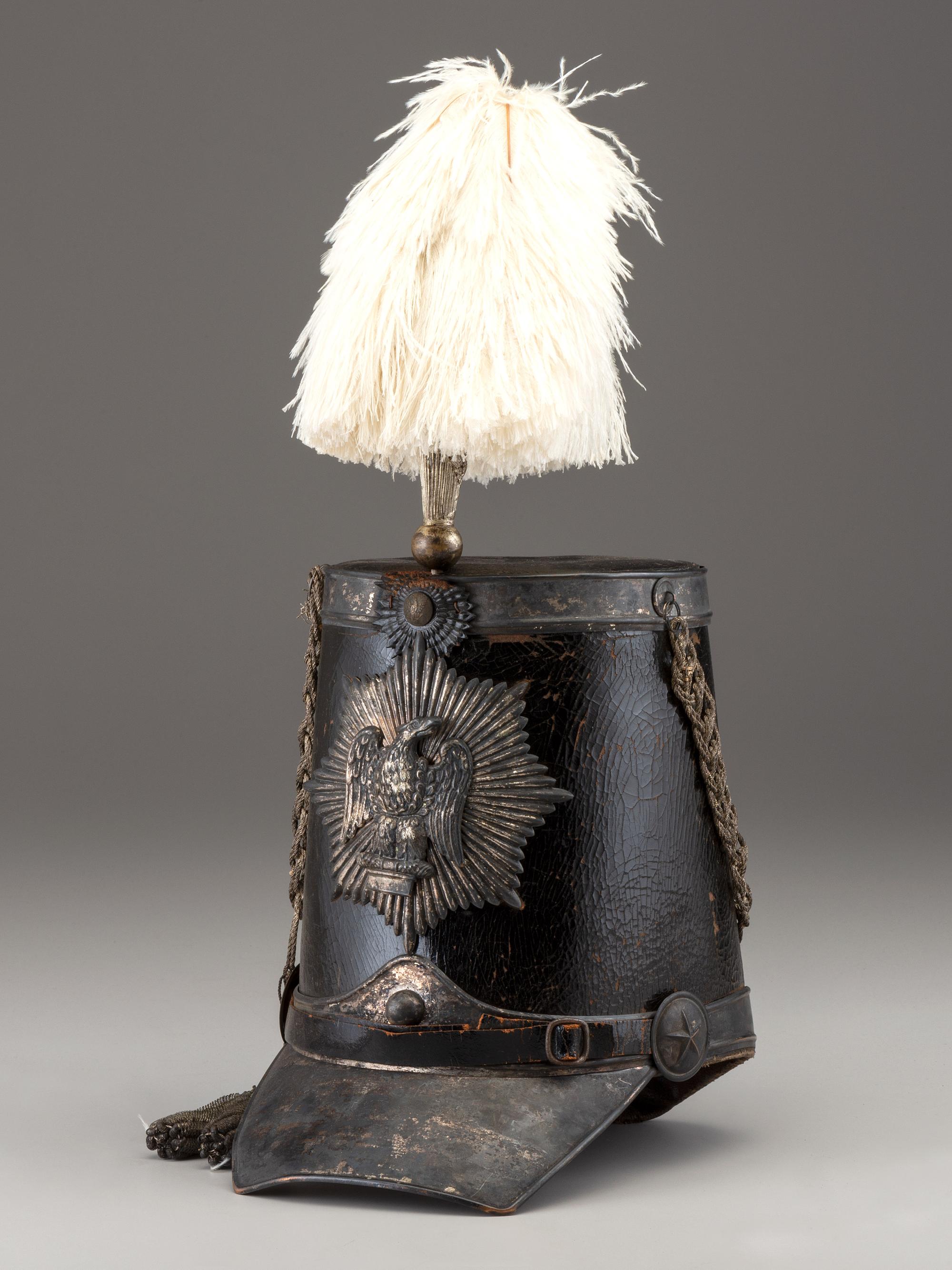 [MILITIA]. Fully-trimmed militia dragoon shako with original box. Manufactured by Joseph T. Bell, New York, ca 1840.
