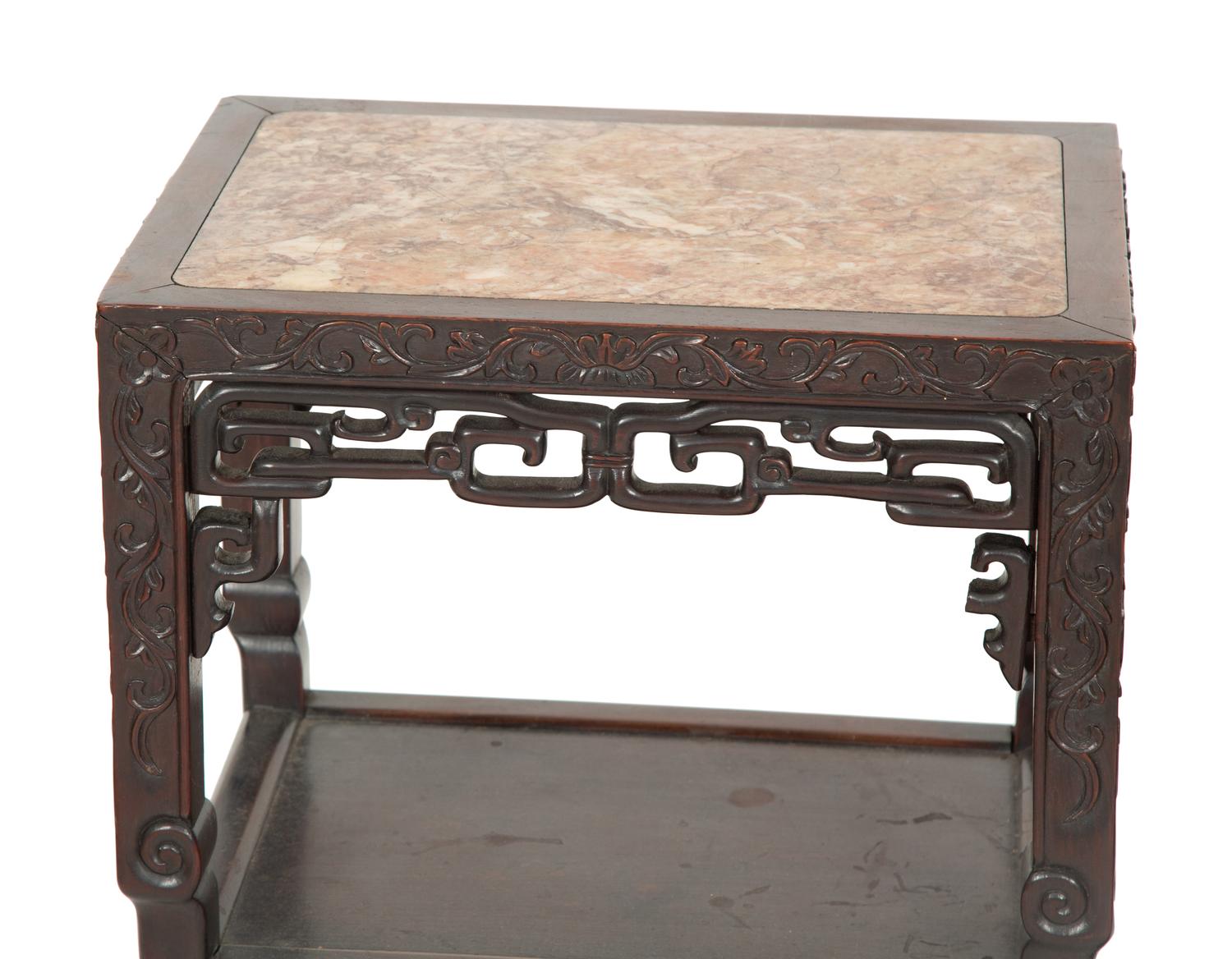 A Pair of Chinese Hardwood Jardinière Stands with Inset Marble Tops