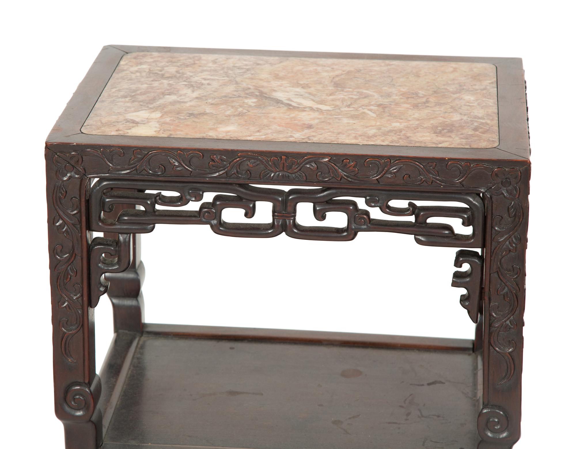 A Pair of Chinese Hardwood Jardinière Stands with Inset Marble Tops