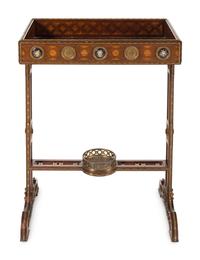 A French Gilt Bronze and Enamel Mounted Parquetry Tricoteuse