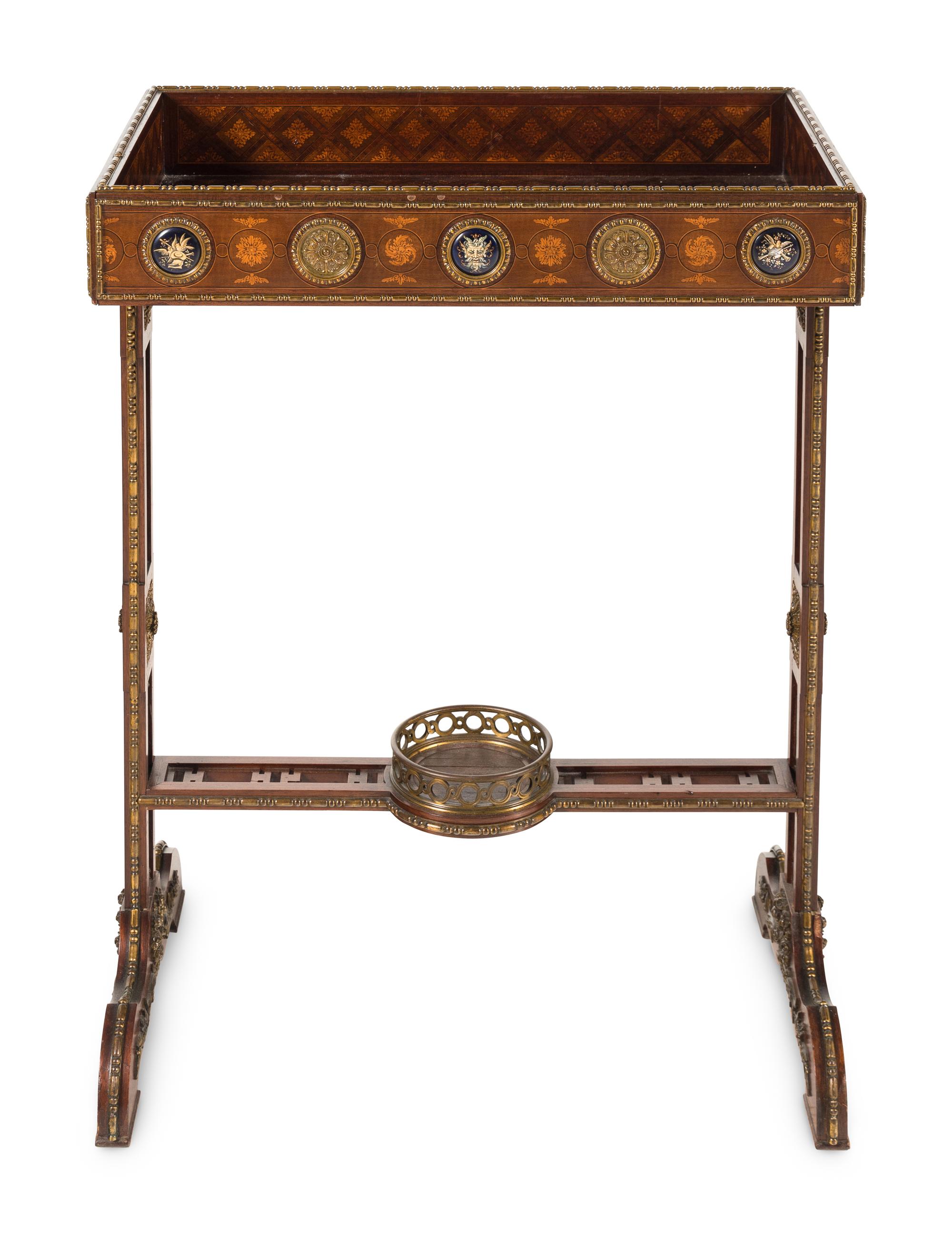 A French Gilt Bronze and Enamel Mounted Parquetry Tricoteuse