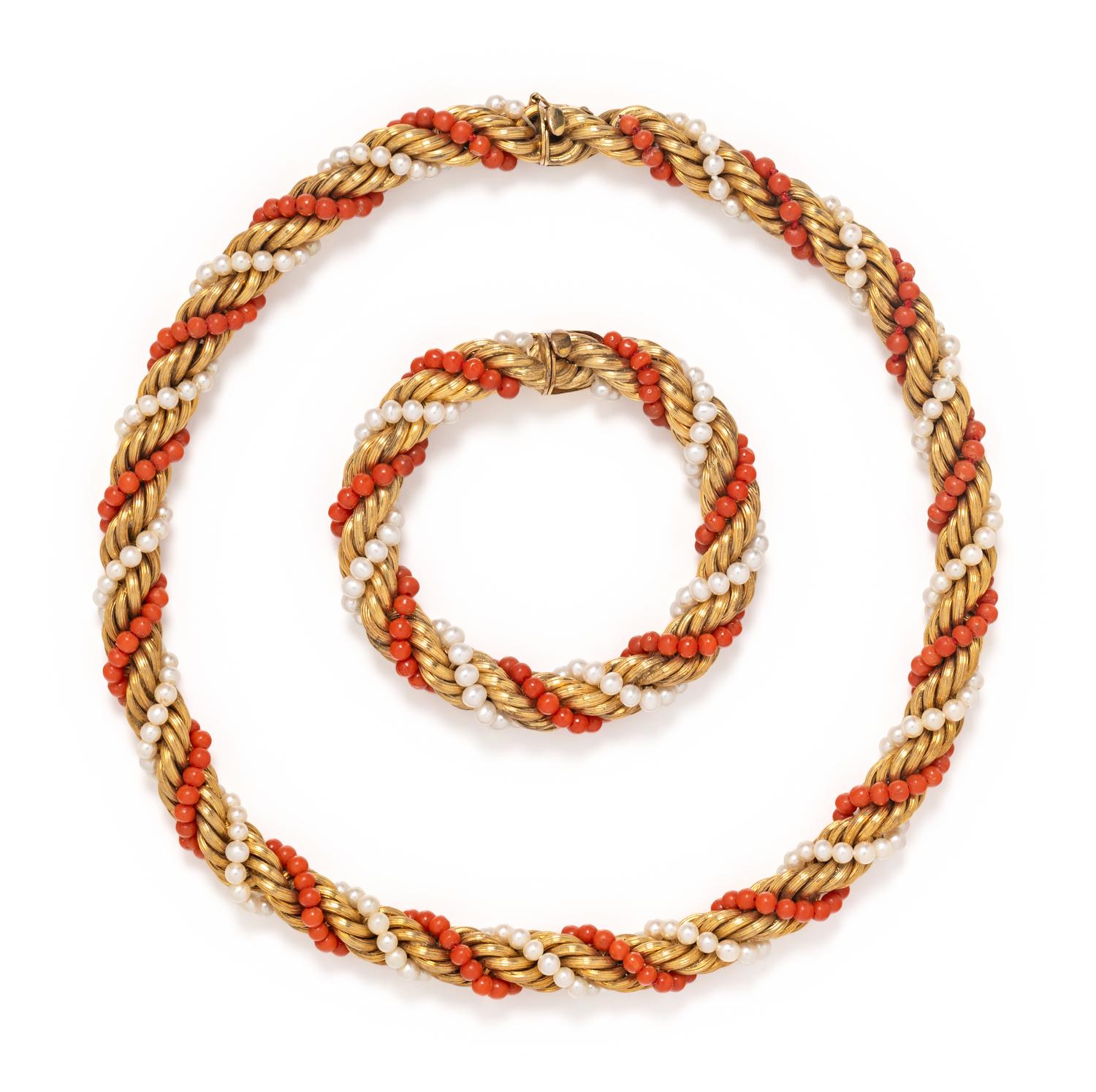 YELLOW GOLD, CORAL AND CULTURED PEARL SET