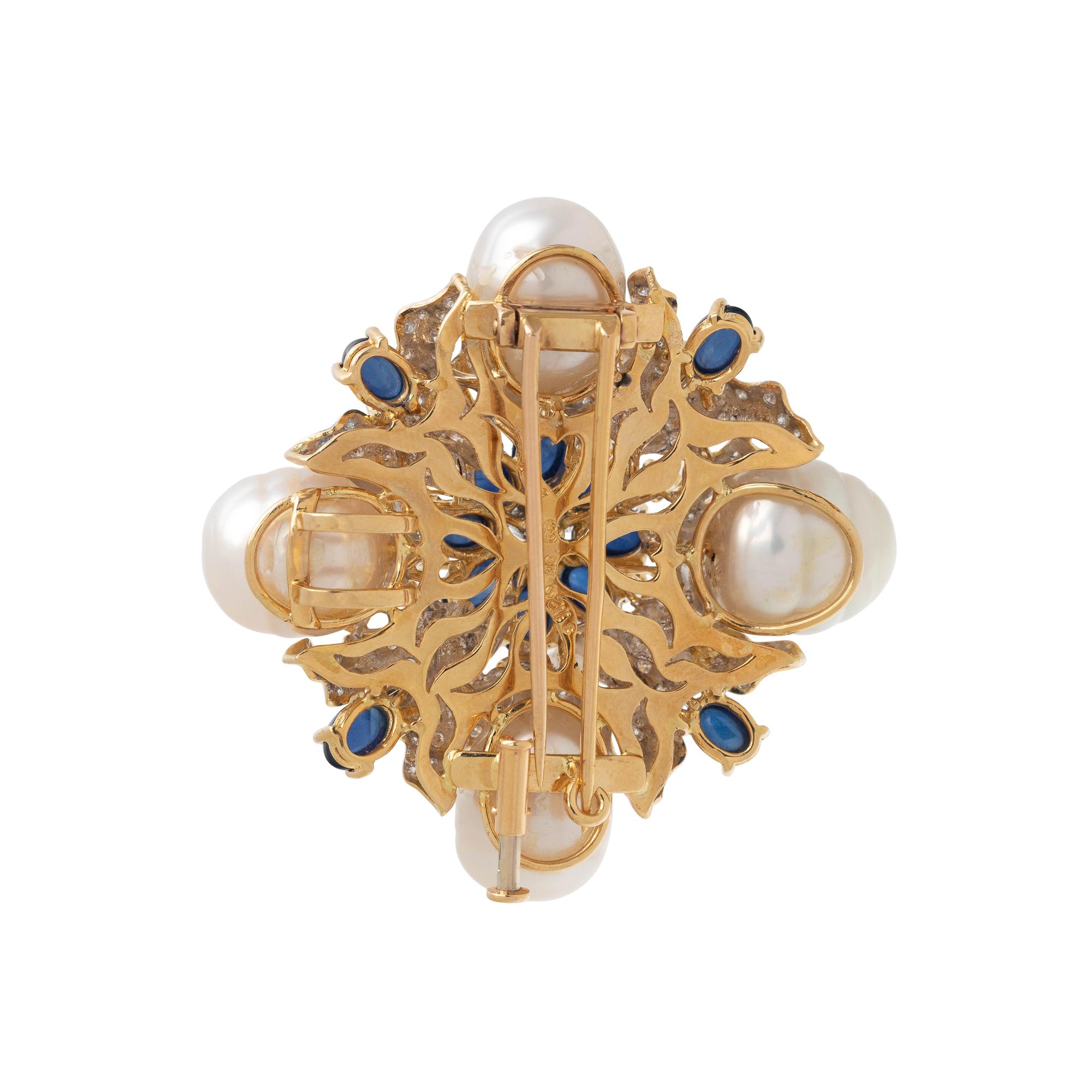 SAPPHIRE, DIAMOND AND CULTURED PEARL PENDANT/BROOCH
