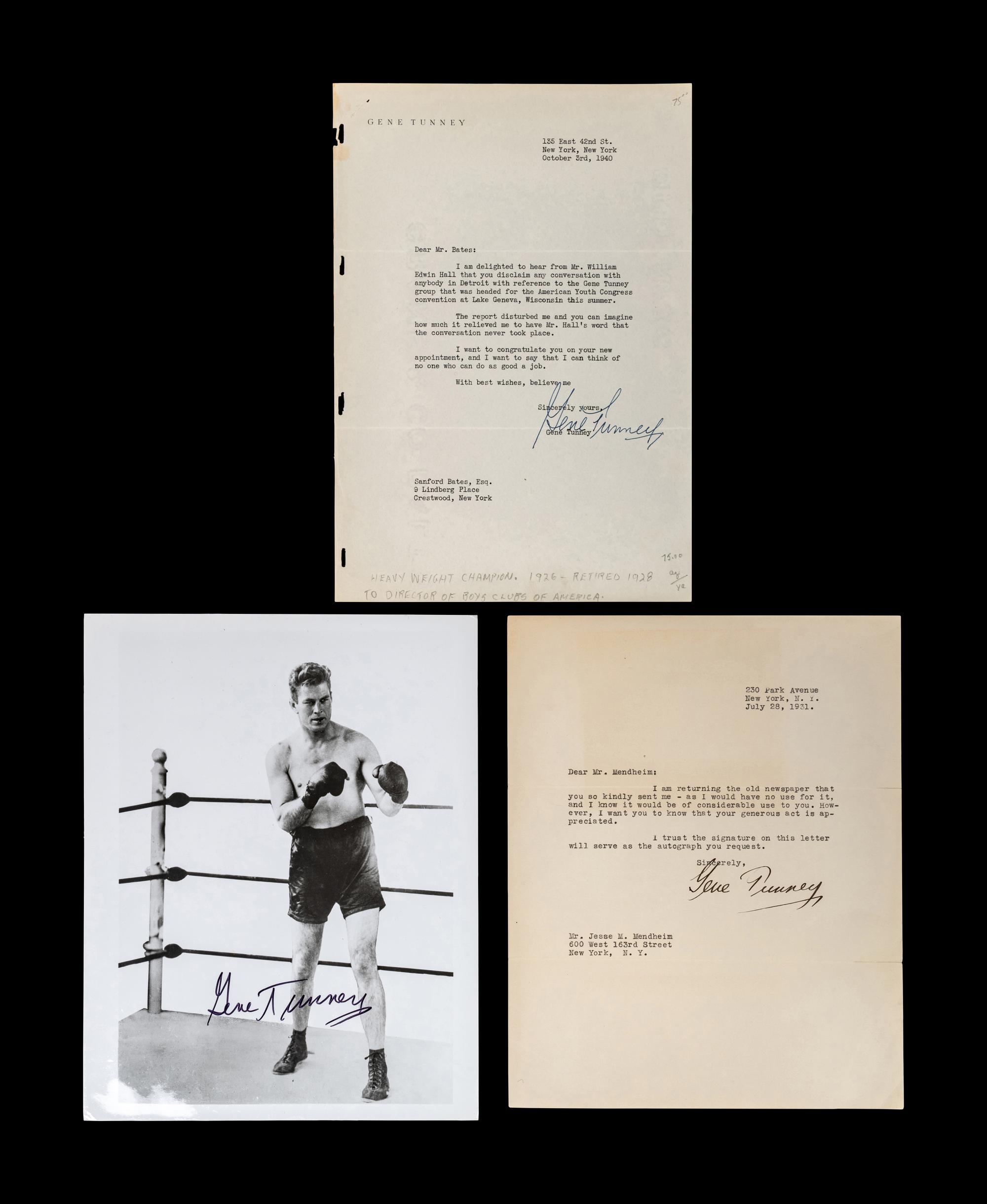 A Group of Heavyweight Boxing Champion Gene Tunney Signed Autograph Letters and Photograph,