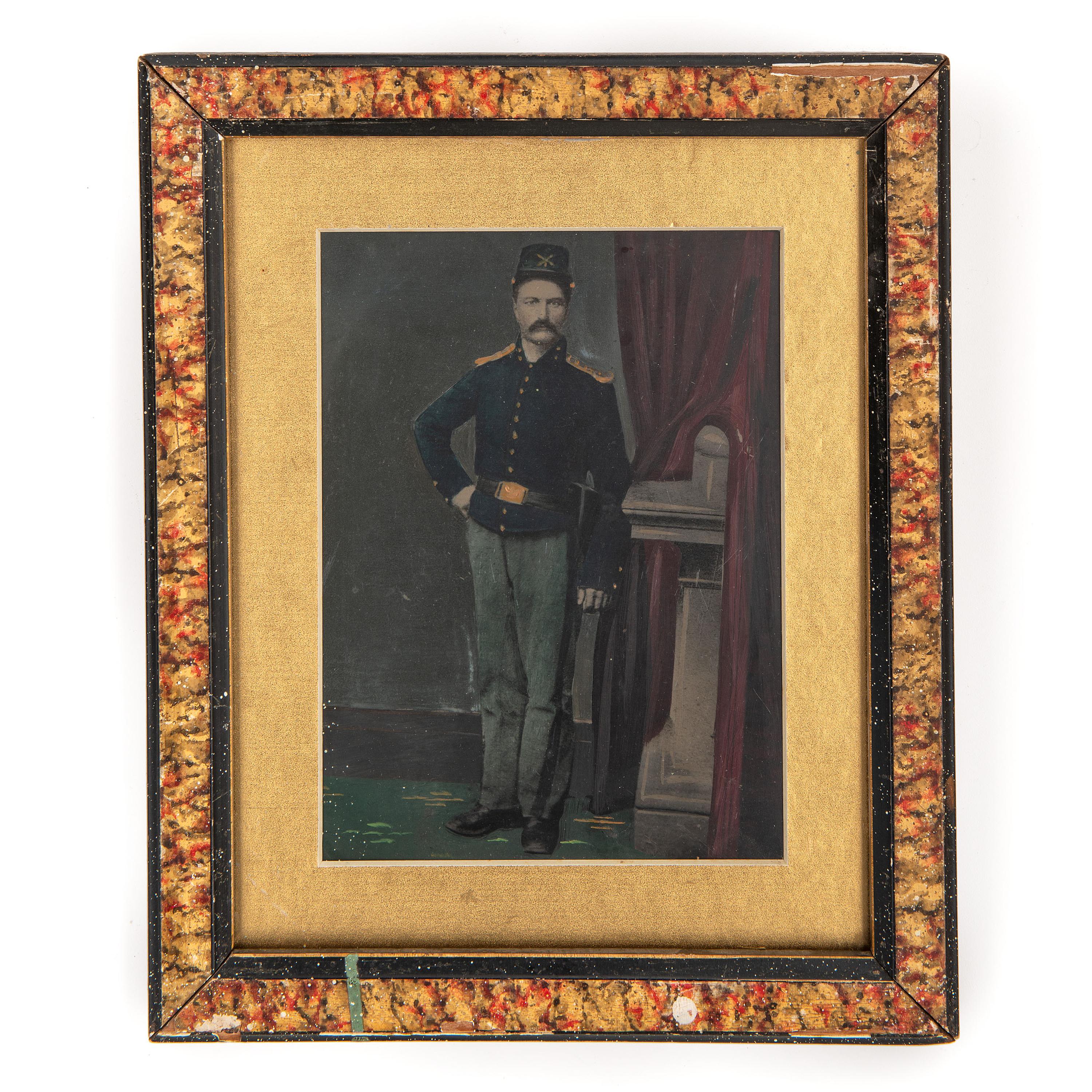 [EARLY PHOTOGRAPHY - PORTRAITURE]. A group of 6 folk art hand-painted tintypes of soldiers in uniform, comprising: