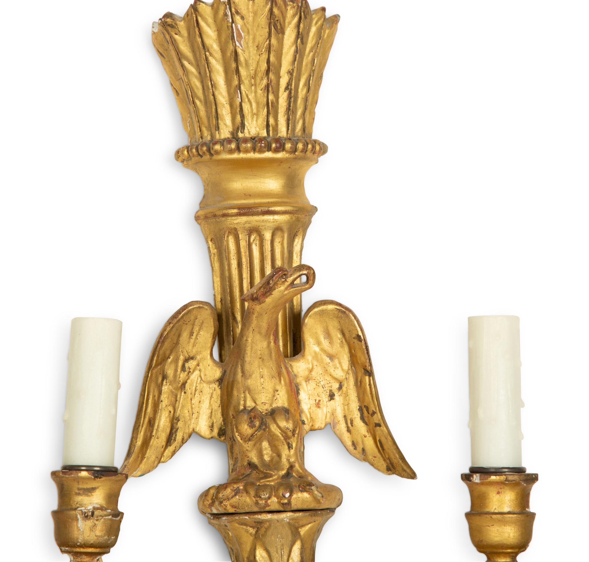 A Group of Six Regency Style Giltwood Two-Light Sconces