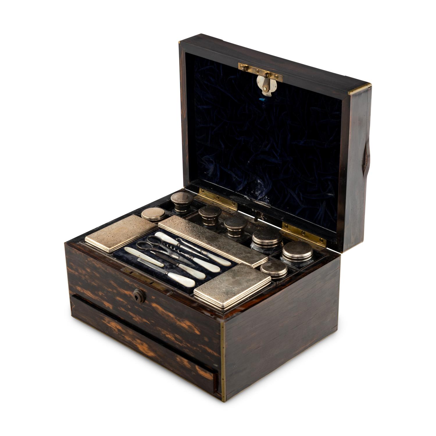 A Victorian Calamander, Silver, and Cut Glass Dressing Box