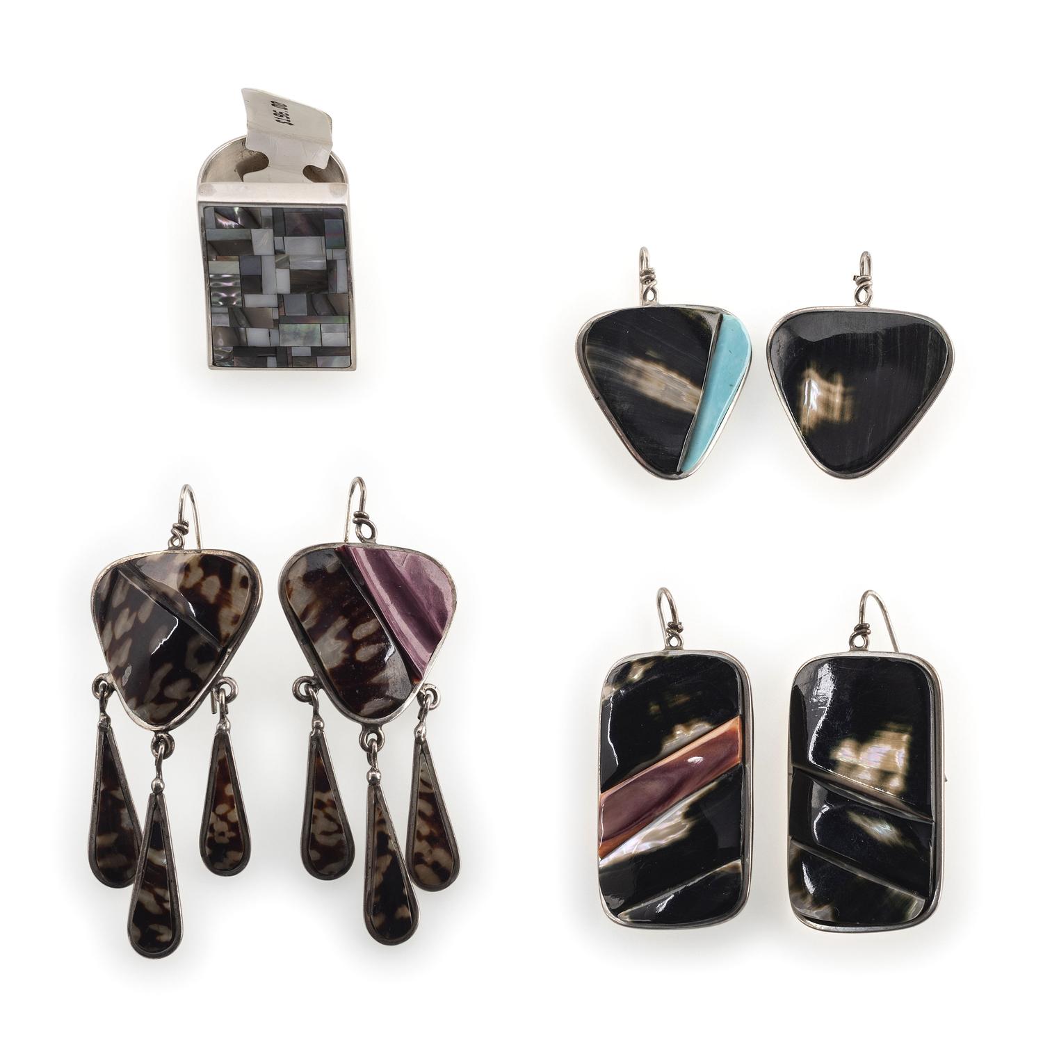 Southwestern Silver and Mosaic Inlay Hook Earrings and Ring