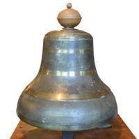 A Bronze Time Clock Bell on Wood Base 13.5" W x 11.5" D x 24.5" H — Italy