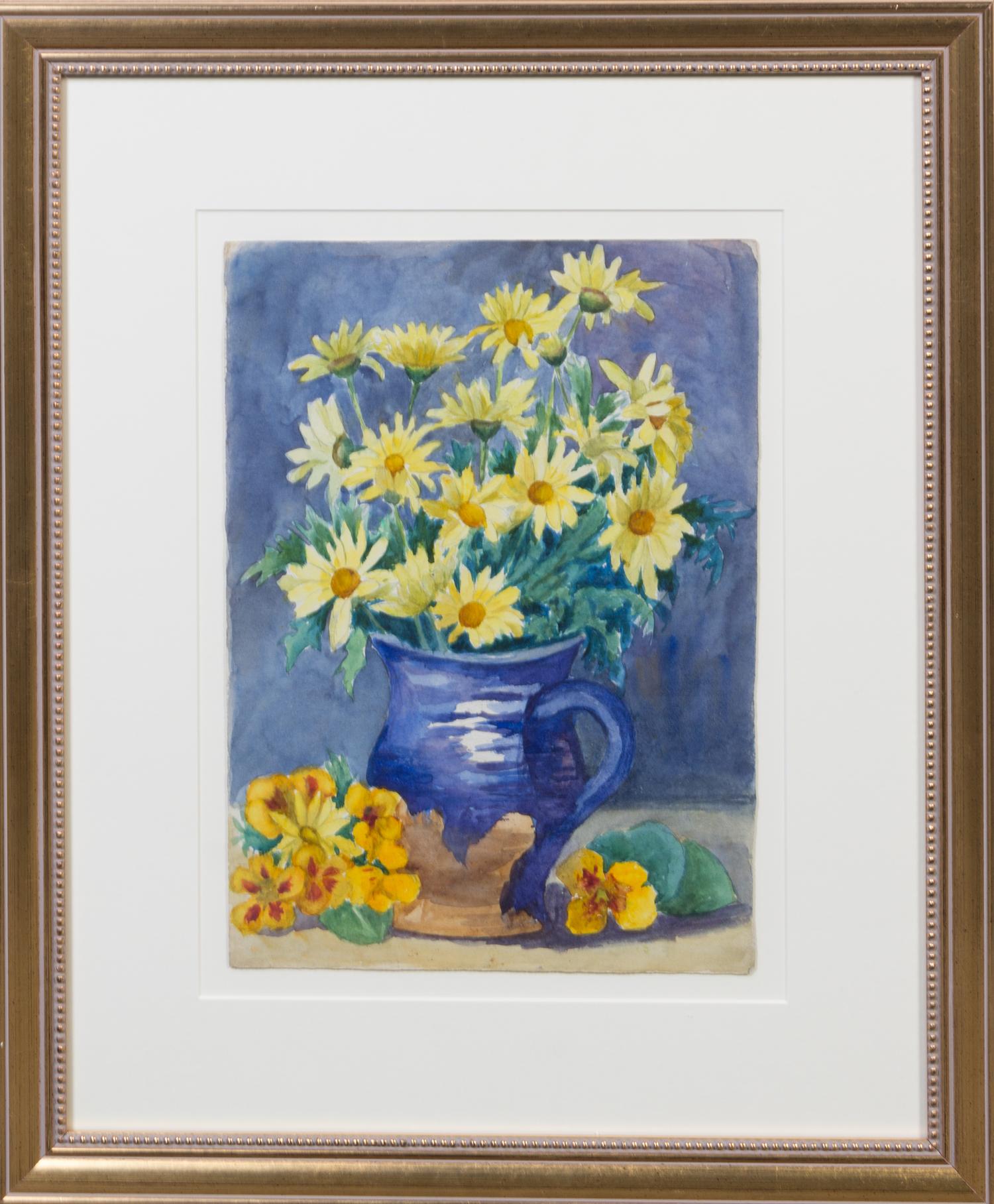 Lebreton, (American, 20th century), Blue Pitcher with Daisies, Blue Pitcher with Zinias, and Zinias, Brioche and Blue Pitcher (a group