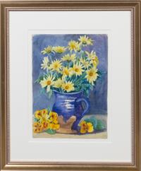 Lebreton, (American, 20th century), Blue Pitcher with Daisies, Blue Pitcher with Zinias, and Zinias, Brioche and Blue Pitcher (a group