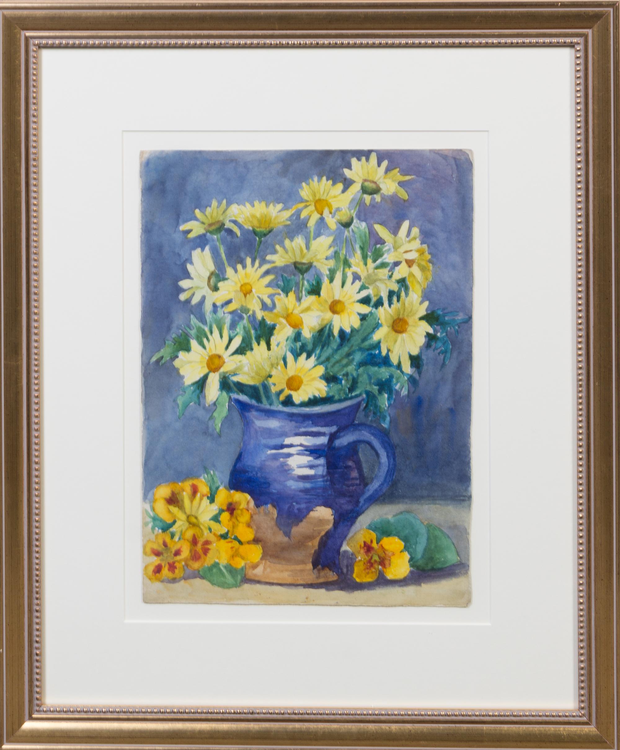Lebreton, (American, 20th century), Blue Pitcher with Daisies, Blue Pitcher with Zinias, and Zinias, Brioche and Blue Pitcher (a group