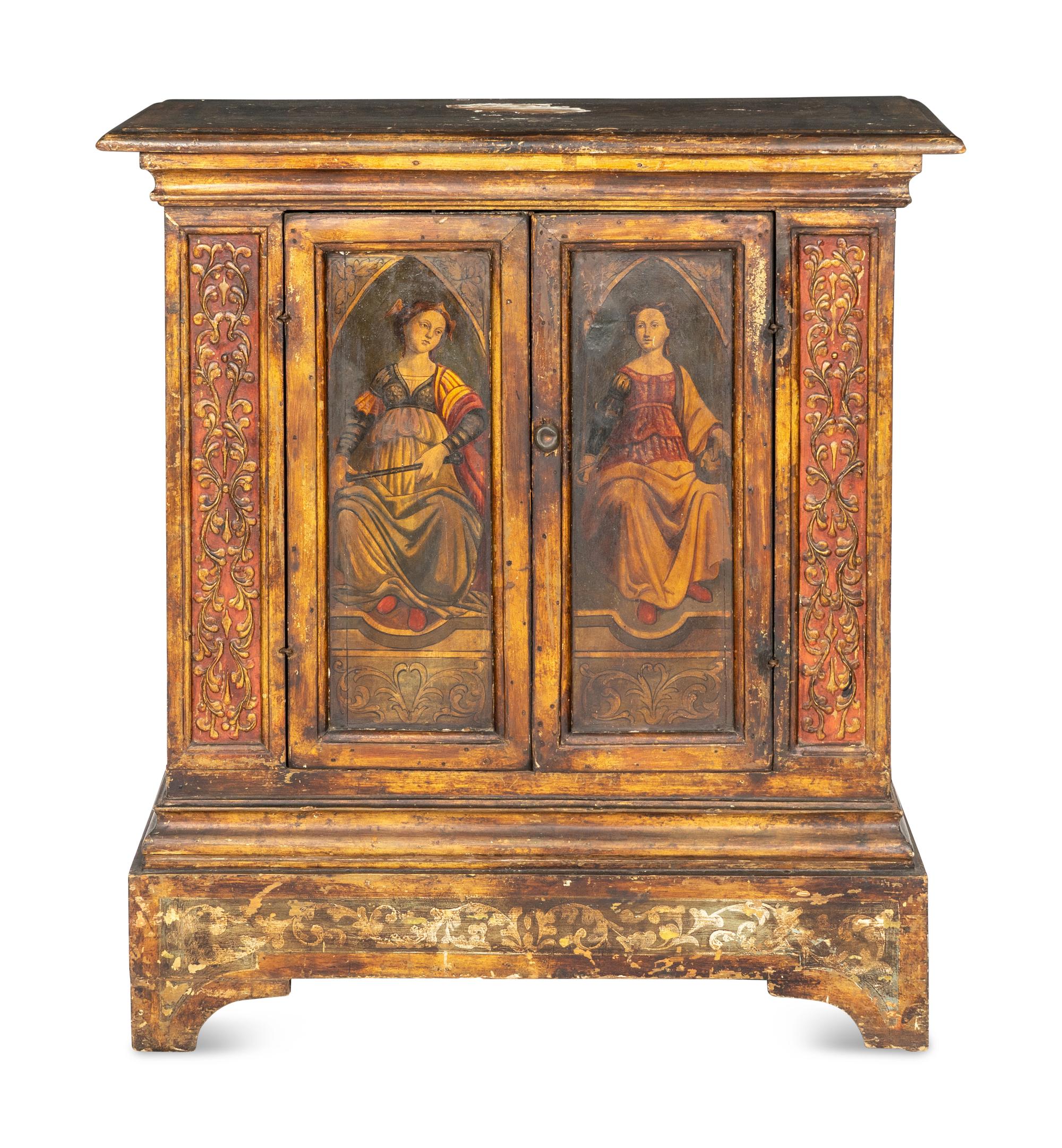 A Florentine Painted and Parcel Gilt Cabinet with Gesso Pastiglia Panels