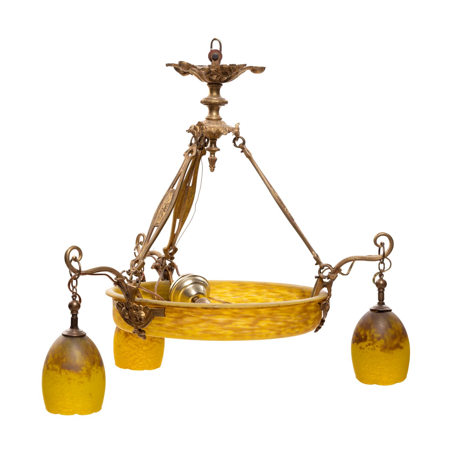 A Gilt Bronze and Colored Glass Four-Light Chandelier