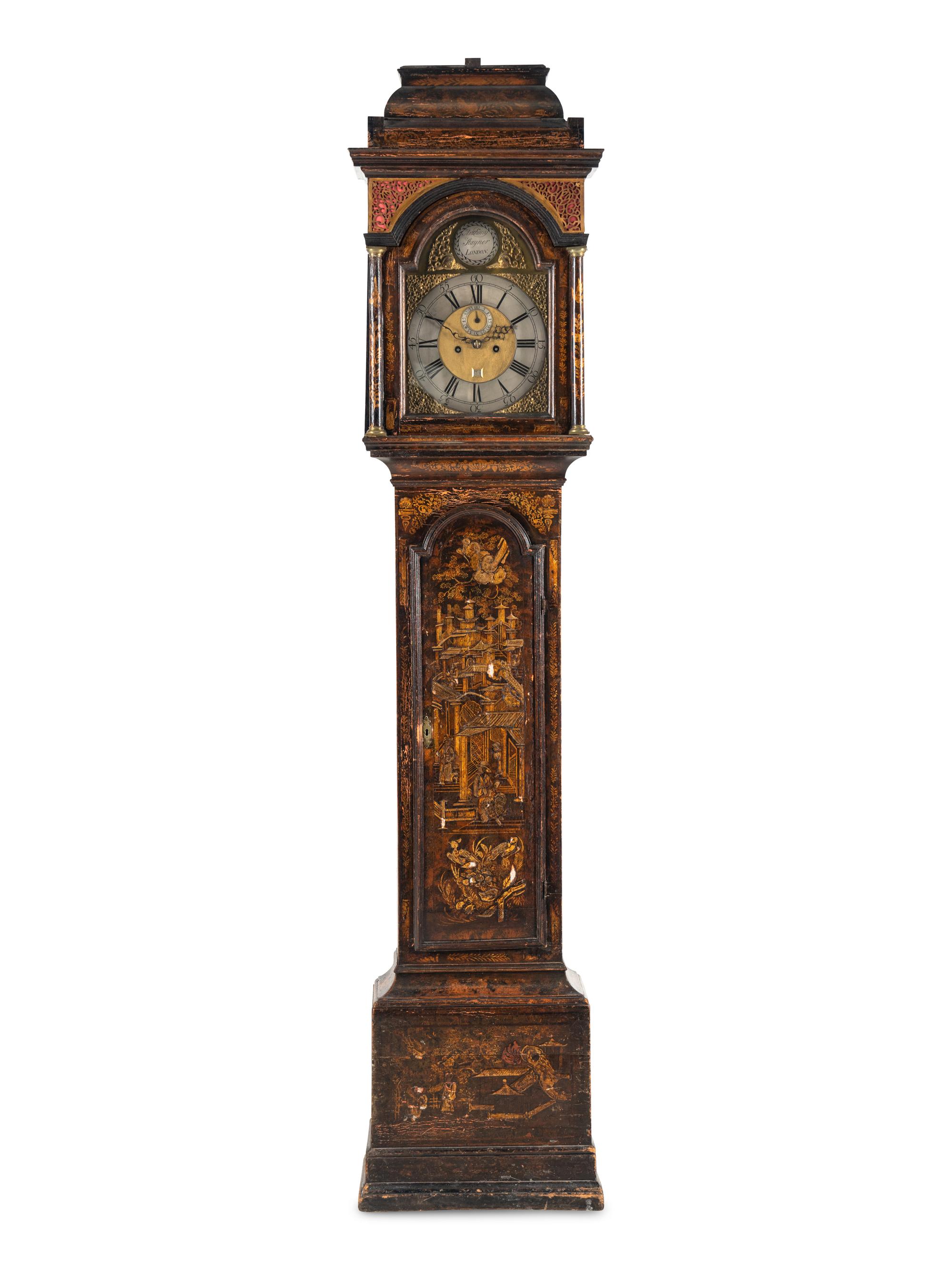 A George I Black and Gilt-Japanned Oak Tall Case Clock