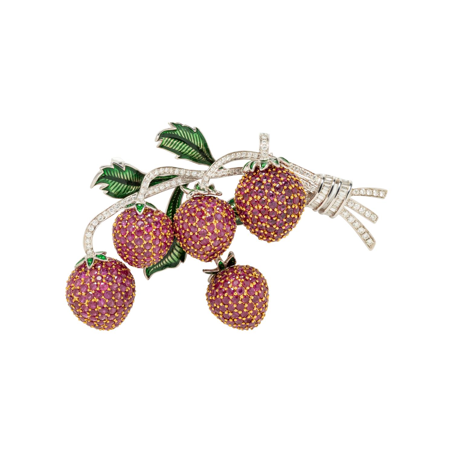 RUBY, DIAMOND AND ENAMEL BERRY BROOCH