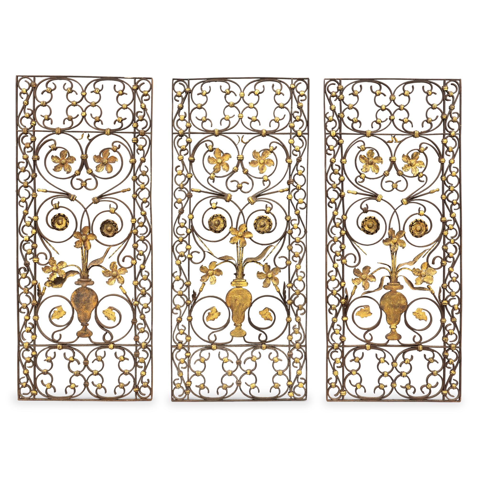 Three Spanish Parcel Gilt Wrought Iron Architectural Panels