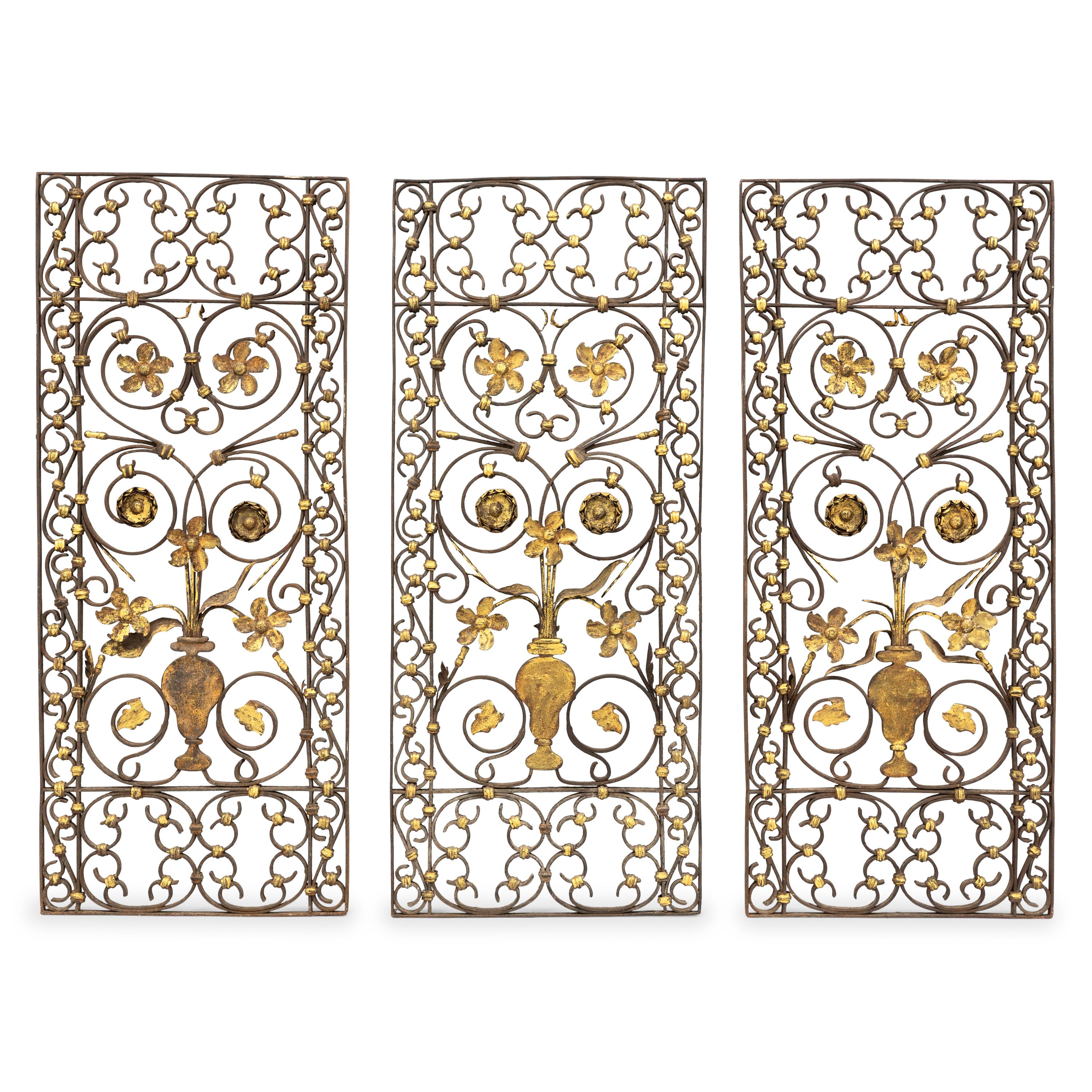 Three Spanish Parcel Gilt Wrought Iron Architectural Panels