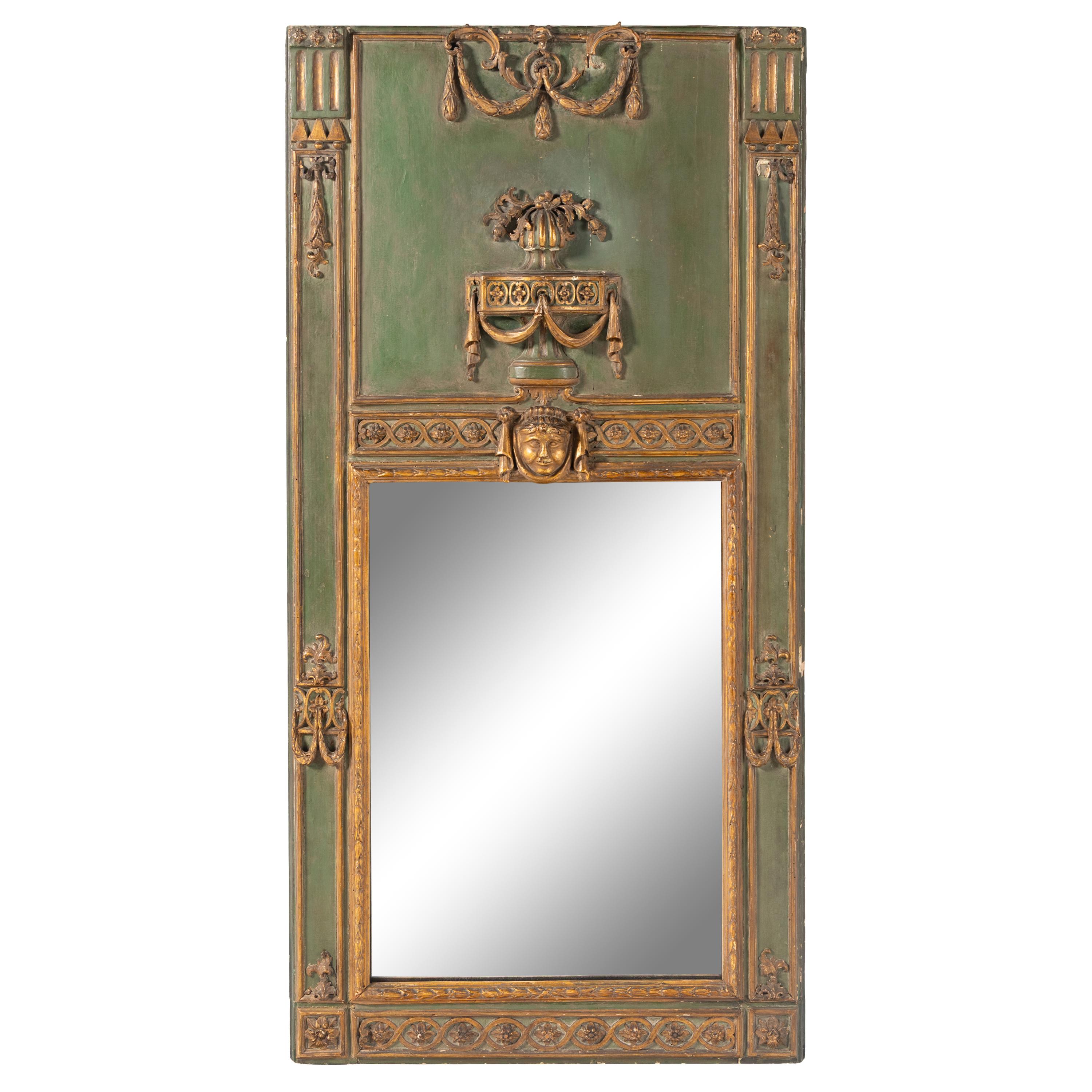 A Louis XVI Style Painted and Parcel Gilt Trumeau Mirror