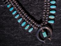 Navajo Silver and #8 Turquoise Squash Blossom Necklace, with Pawn Tag