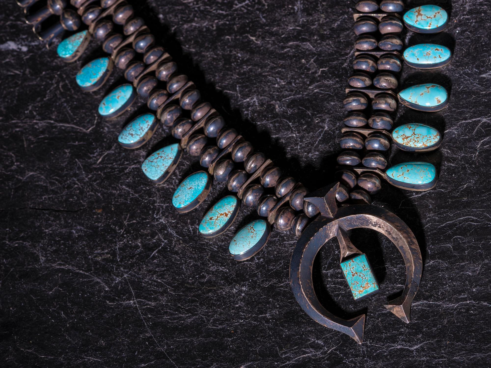 Navajo Silver and #8 Turquoise Squash Blossom Necklace, with Pawn Tag