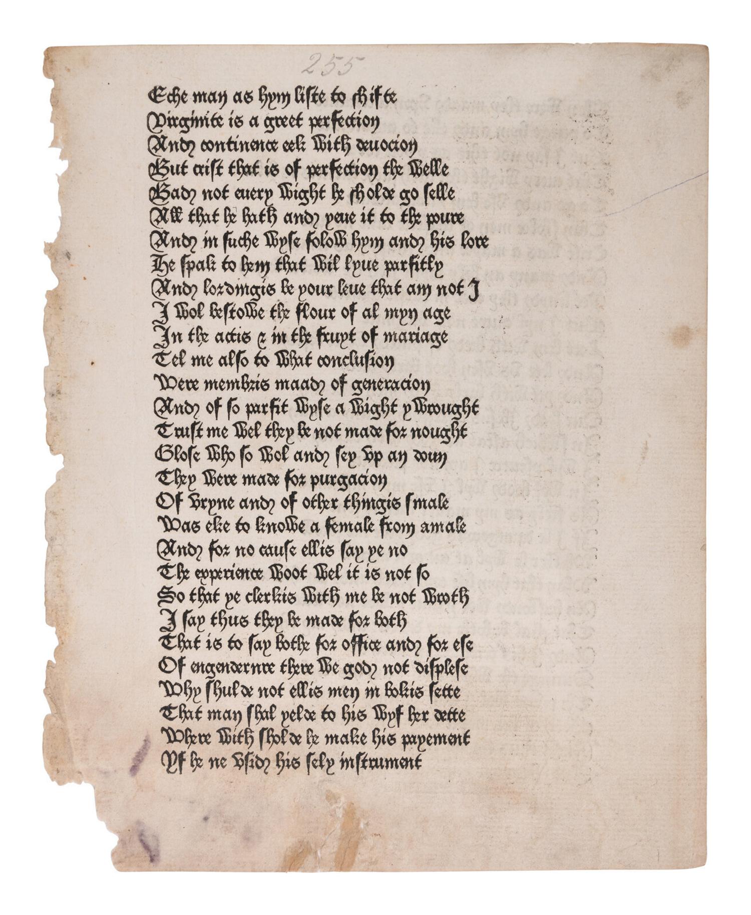 [INCUNABULA] -- [CAXTON, William (ca 1422-1491 or 1492)]. -- CHAUCER, Geoffrey (d. 1400). "The Wife of Bath's Prologue." Extracted from: The Canterbury Tales . Westminster: William Caxton, 1476.