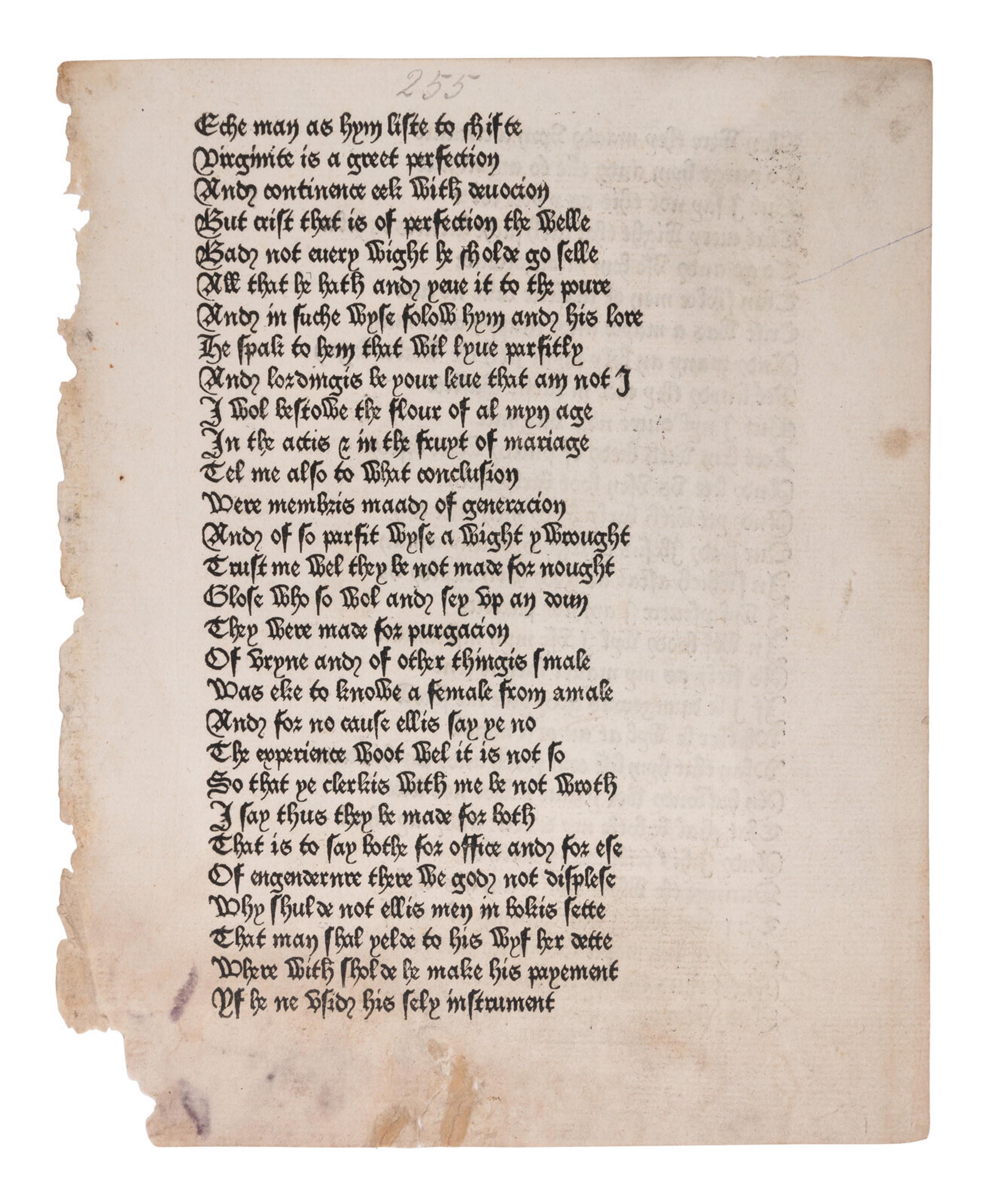 [INCUNABULA] -- [CAXTON, William (ca 1422-1491 or 1492)]. -- CHAUCER, Geoffrey (d. 1400). "The Wife of Bath's Prologue." Extracted from: The Canterbury Tales . Westminster: William Caxton, 1476.