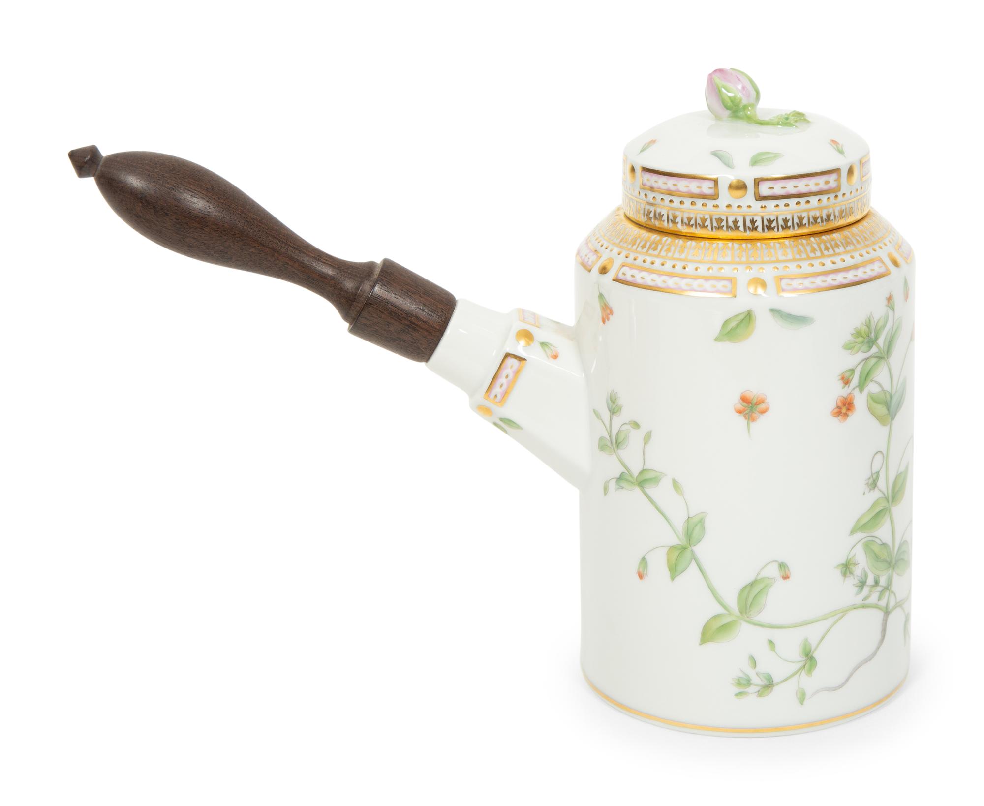 A Royal Copenhagen Flora Danica Porcelain Chocolate Pot with Five Cups and Three Saucers